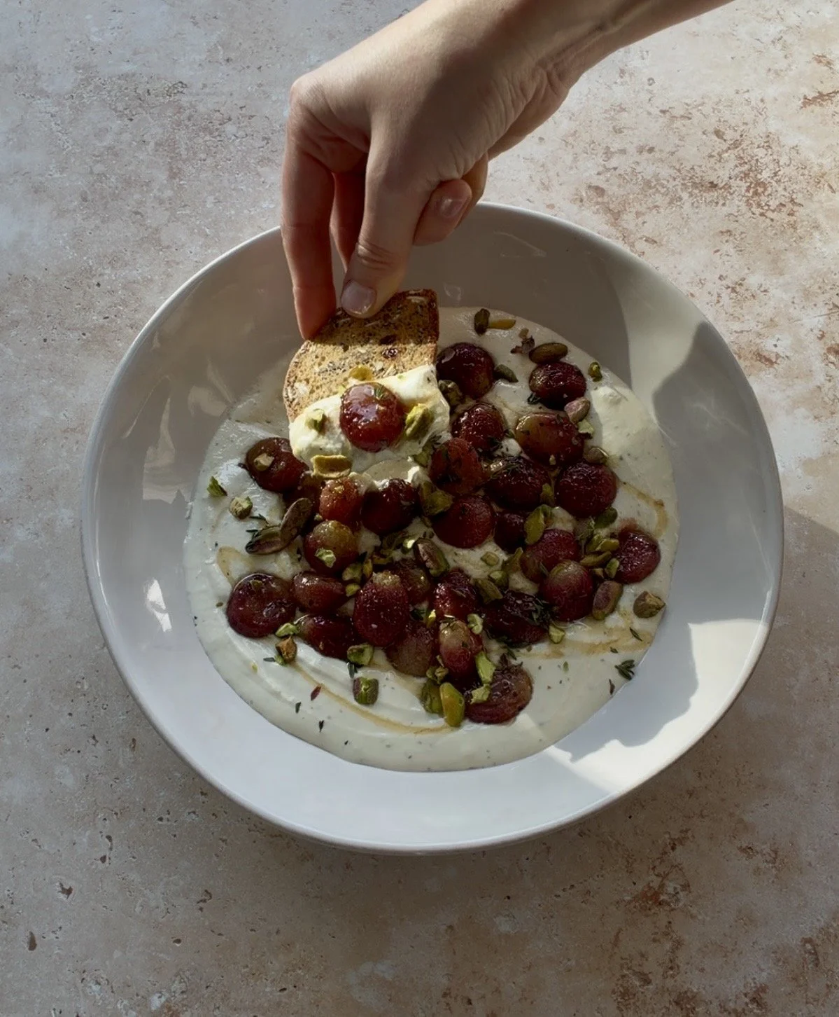 Whipped Feta Dip with Roasted Grapes, Honey + Thyme
