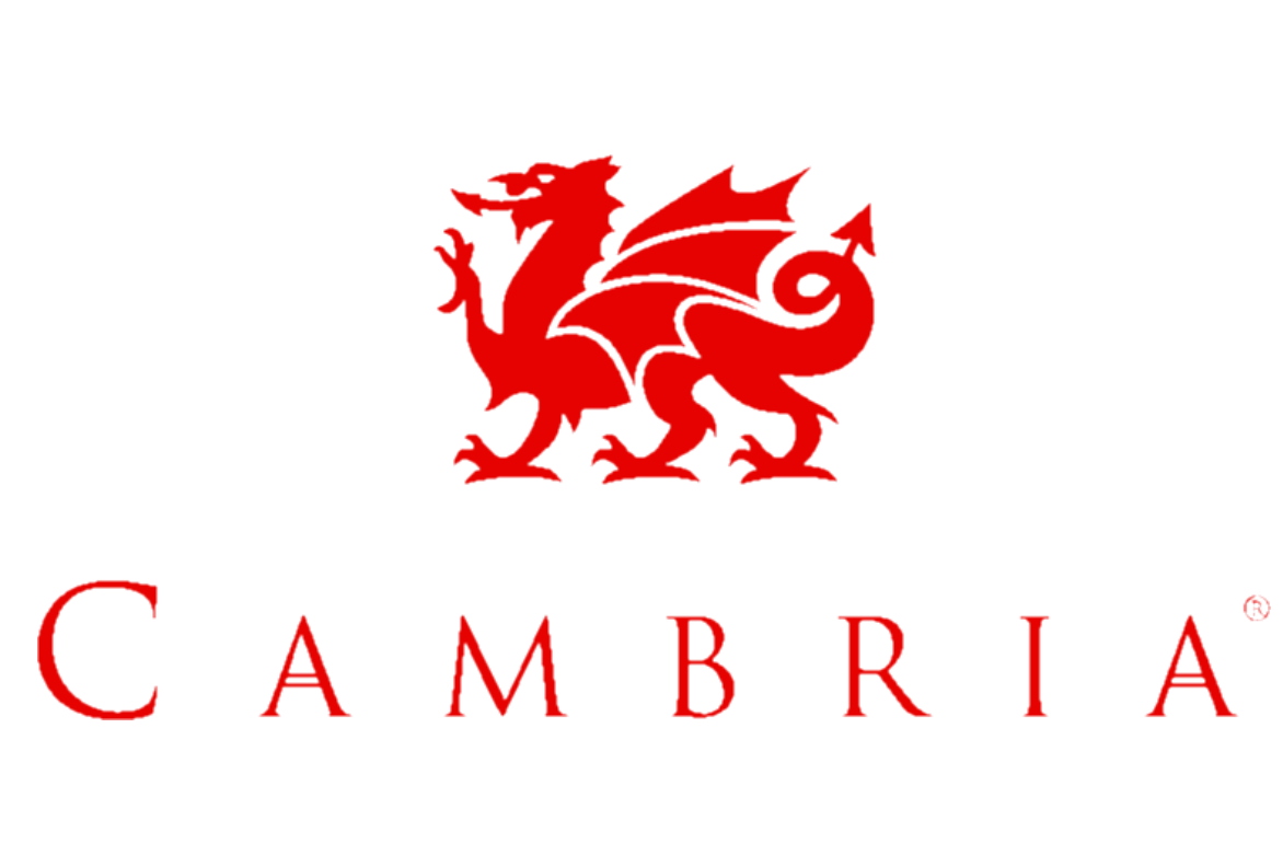 The logo features 'CAMBRIA' in red uppercase letters. We specialize in Granite, Quartz, and Marble Countertops. Free Quotes available. Custom Countertops. Northwest Indiana, Chicagoland, Illinois, Southwest Michigan.