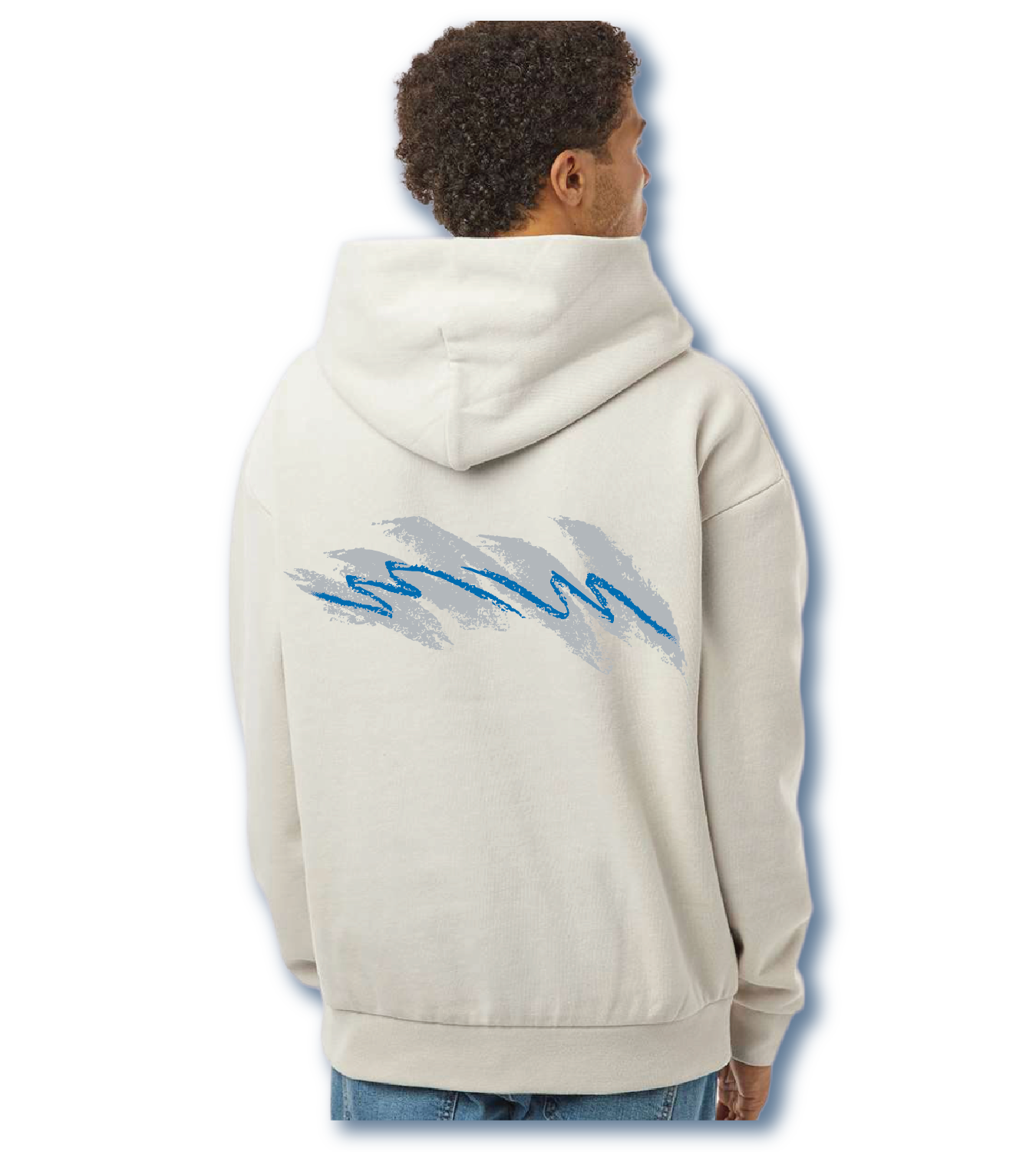 Back view of a person wearing a white hoodie with blue and gray painted-style text or design on the back, standing against a plain background. 90s throwback vintage jazz cup design Detroit Lions football Honolulu blue and silver.