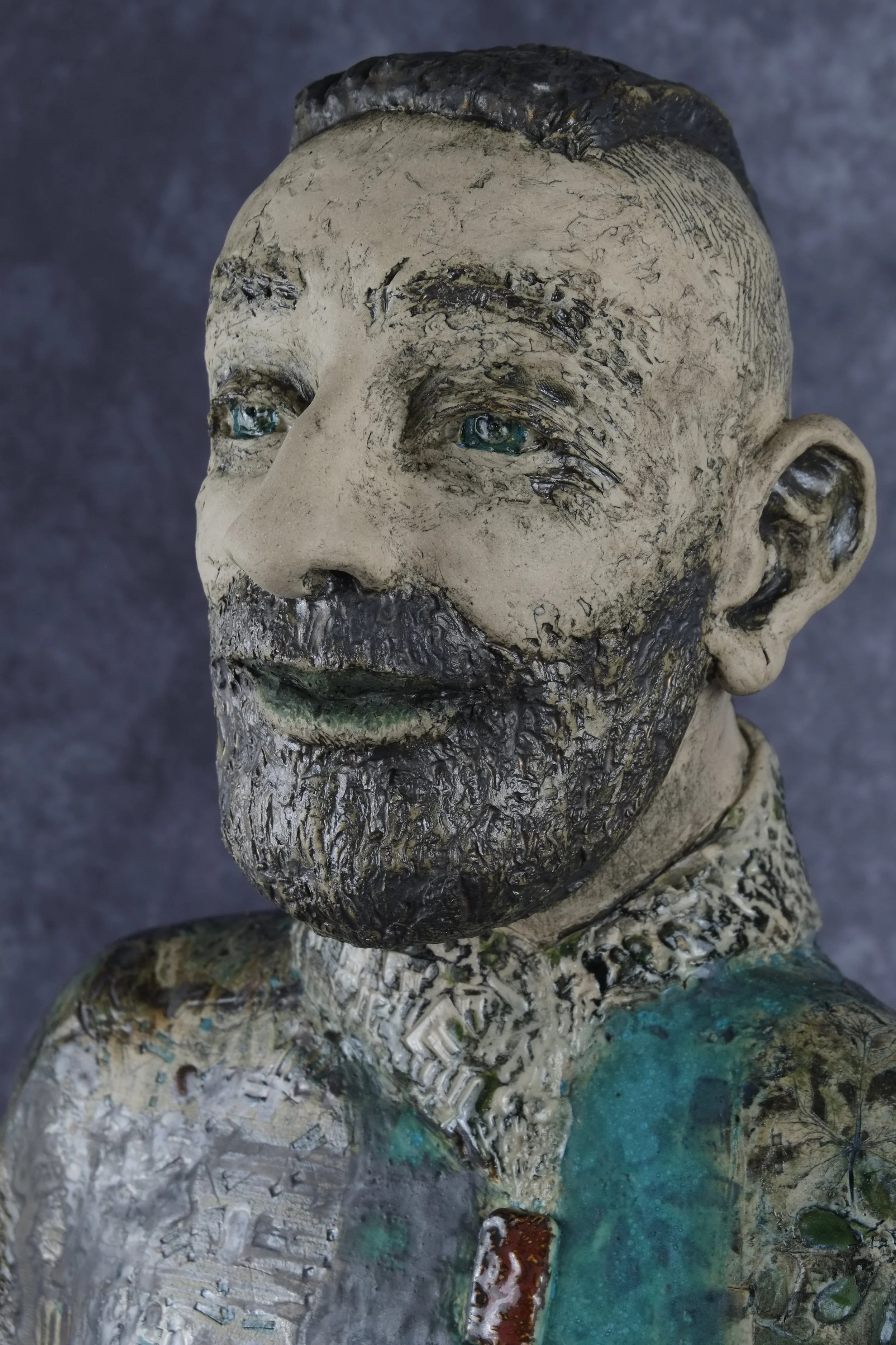 stoneware, rich glazes, copper and oxides are used to build colour and texture