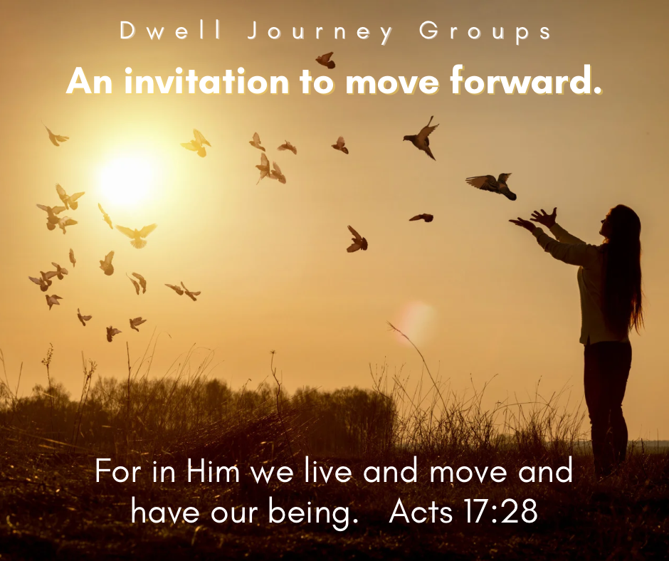 Silhouette of a person reaching towards flying birds in a sunset sky, with text promoting Dwell Journey Groups and a Bible verse, Acts 17:28.