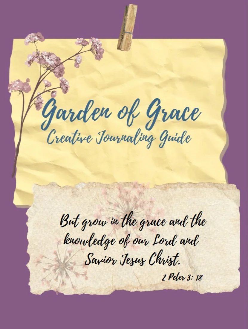 Creative journaling guide cover with floral design and text "Garden of Grace" and a biblical quote from 2 Peter 3:18.