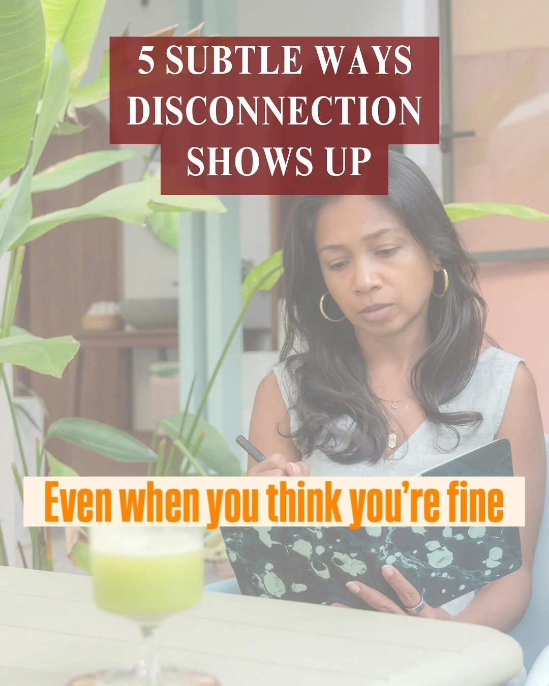 Disconnection can look like restlessness, loss of pleasure, not into intimacy, avoidance, feeling flat, emotional numbness, loss of joy or desire, fatigue.

Disconnection is when you&rsquo;re tired of feeling flat, overthinking and craving clarity, b
