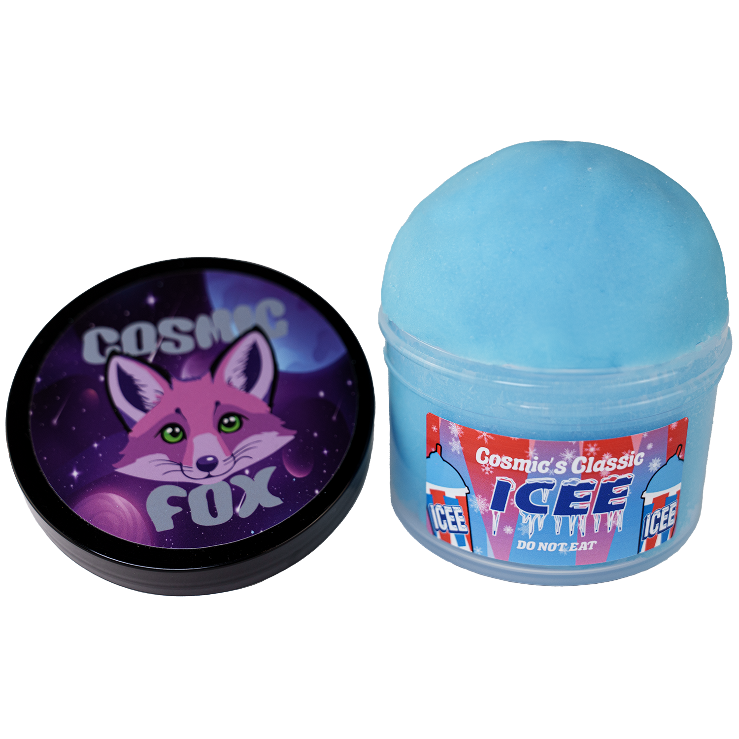 Cosmic’s Classic Blue Raspberry Icee slime with branded lid to the side – soft, sizzly slime from Cosmic Fox Slime.