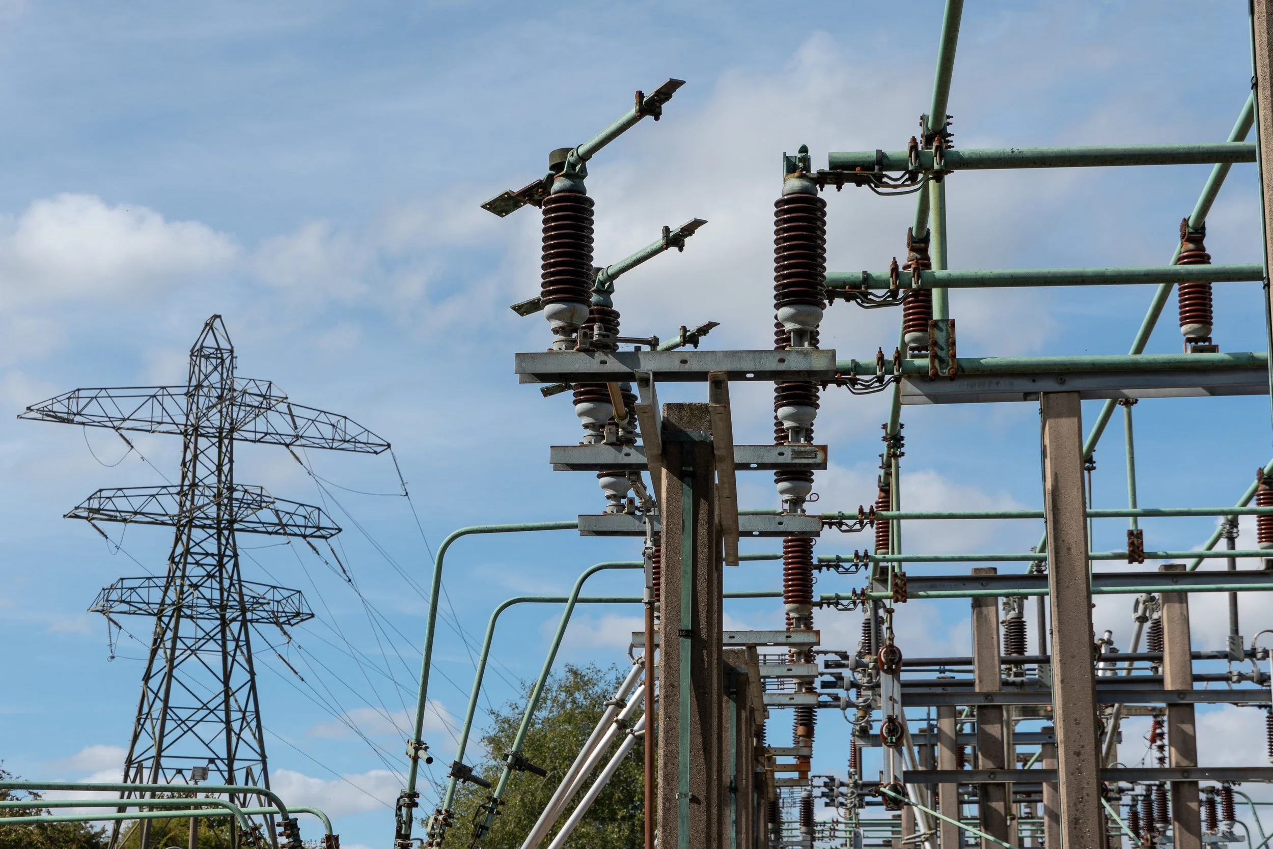 Electrical substation with power lines and transformers