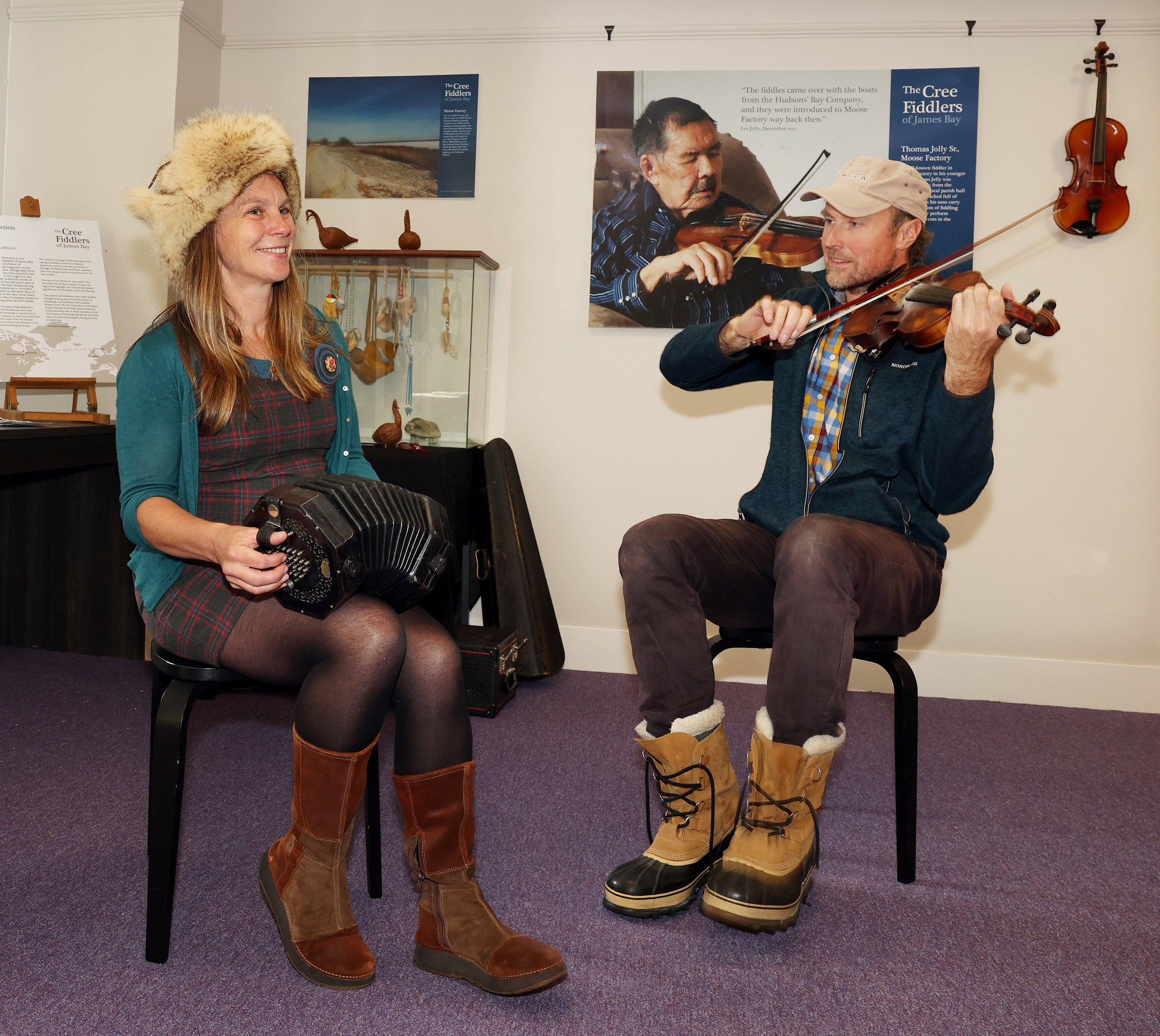 Frances Wilkins and Ronan Martin performing at the Cree Fiddlers of James Bay exhibition, Portree, Skye, September 2025. Photo by Willie Urquhart-WHFP. 