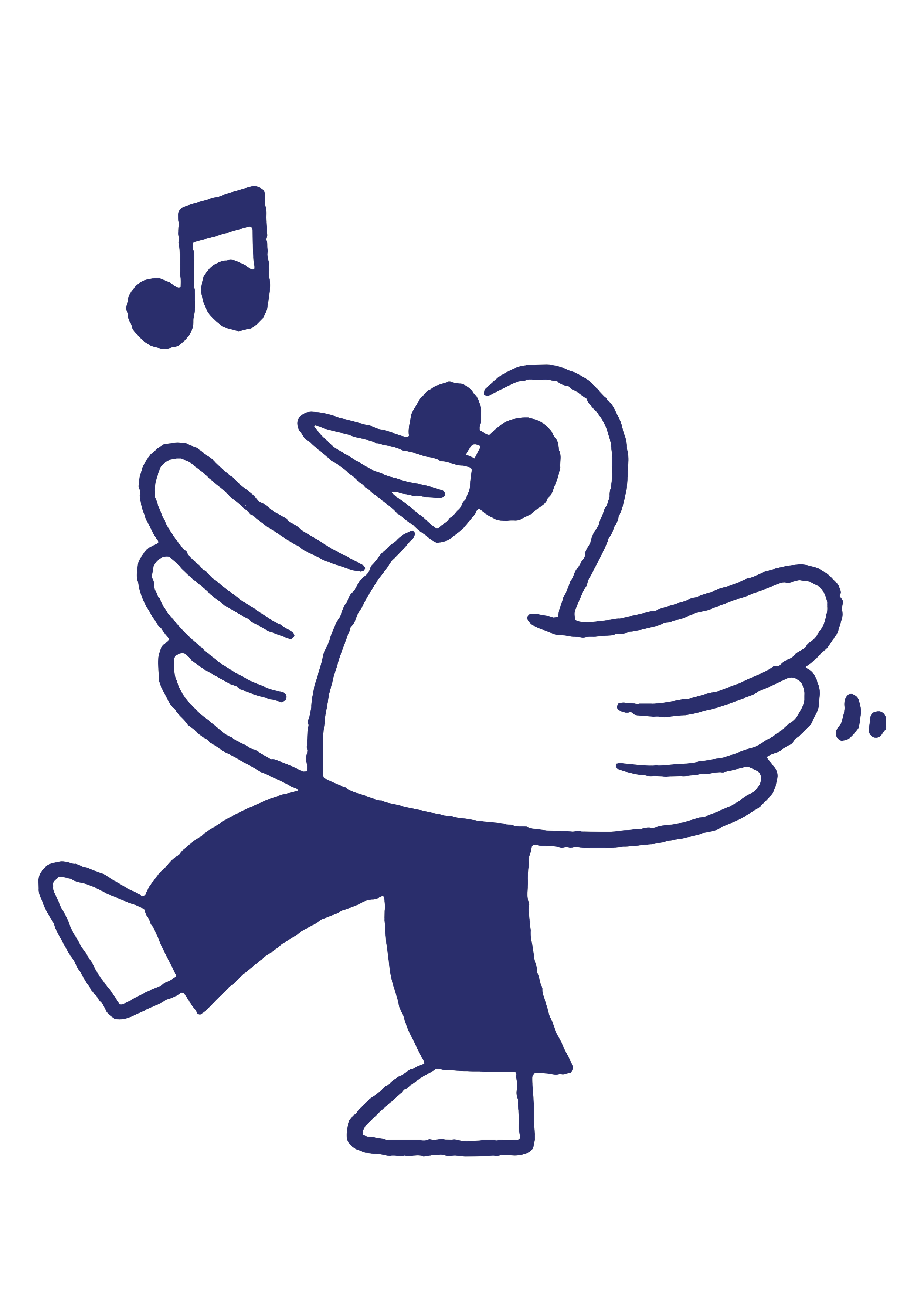 Cartoon drawing of a dancing bird with headphones, singing with a musical note nearby.