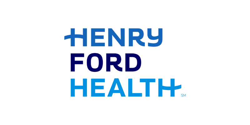 Henry Ford Health logo with blue and dark blue text on a white background.
