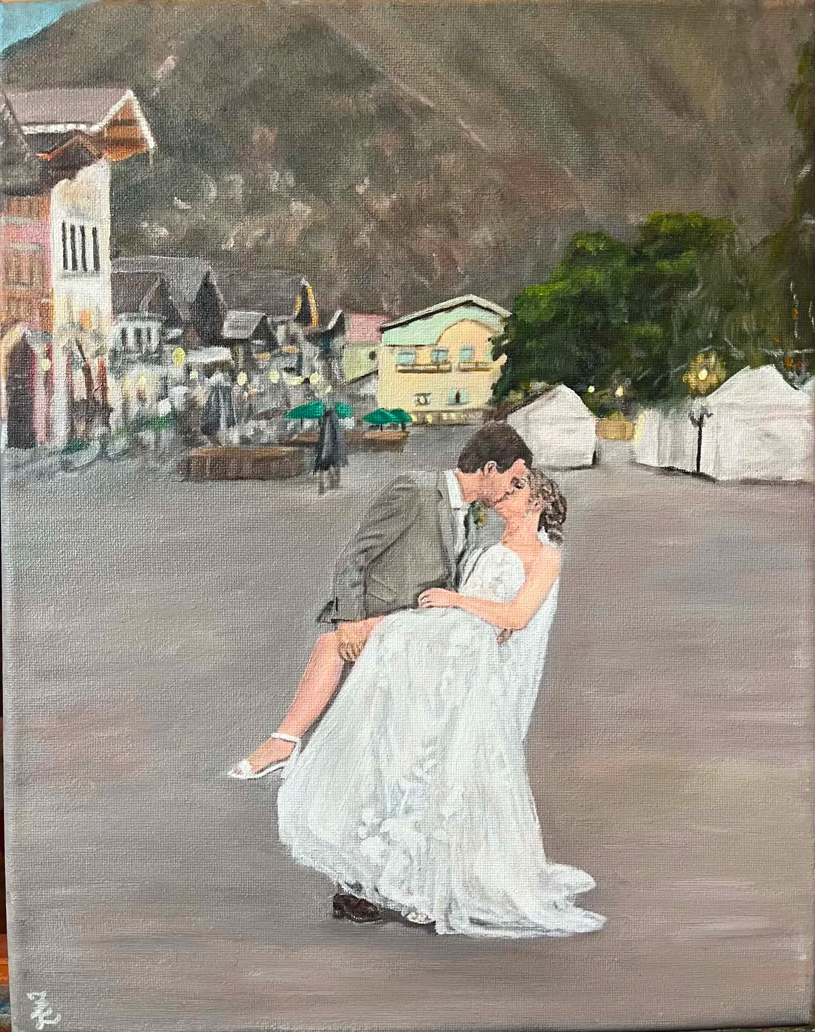 Painting of a couple dancing, the woman in a white dress and the man in a dark suit, with a village scene in the background.