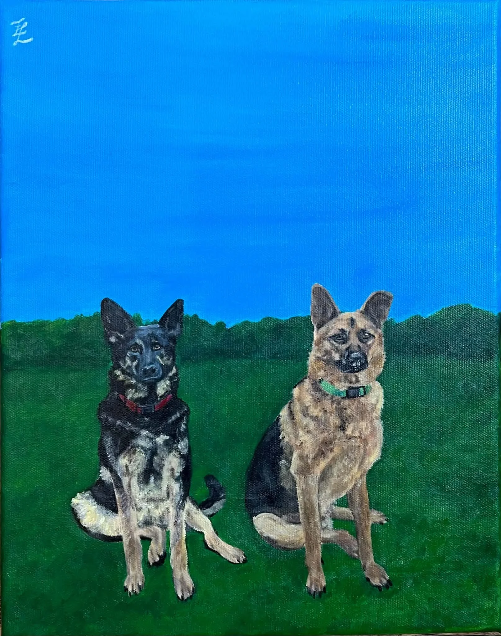 Painting of two dogs sitting on green grass against a blue sky with distant green hills.