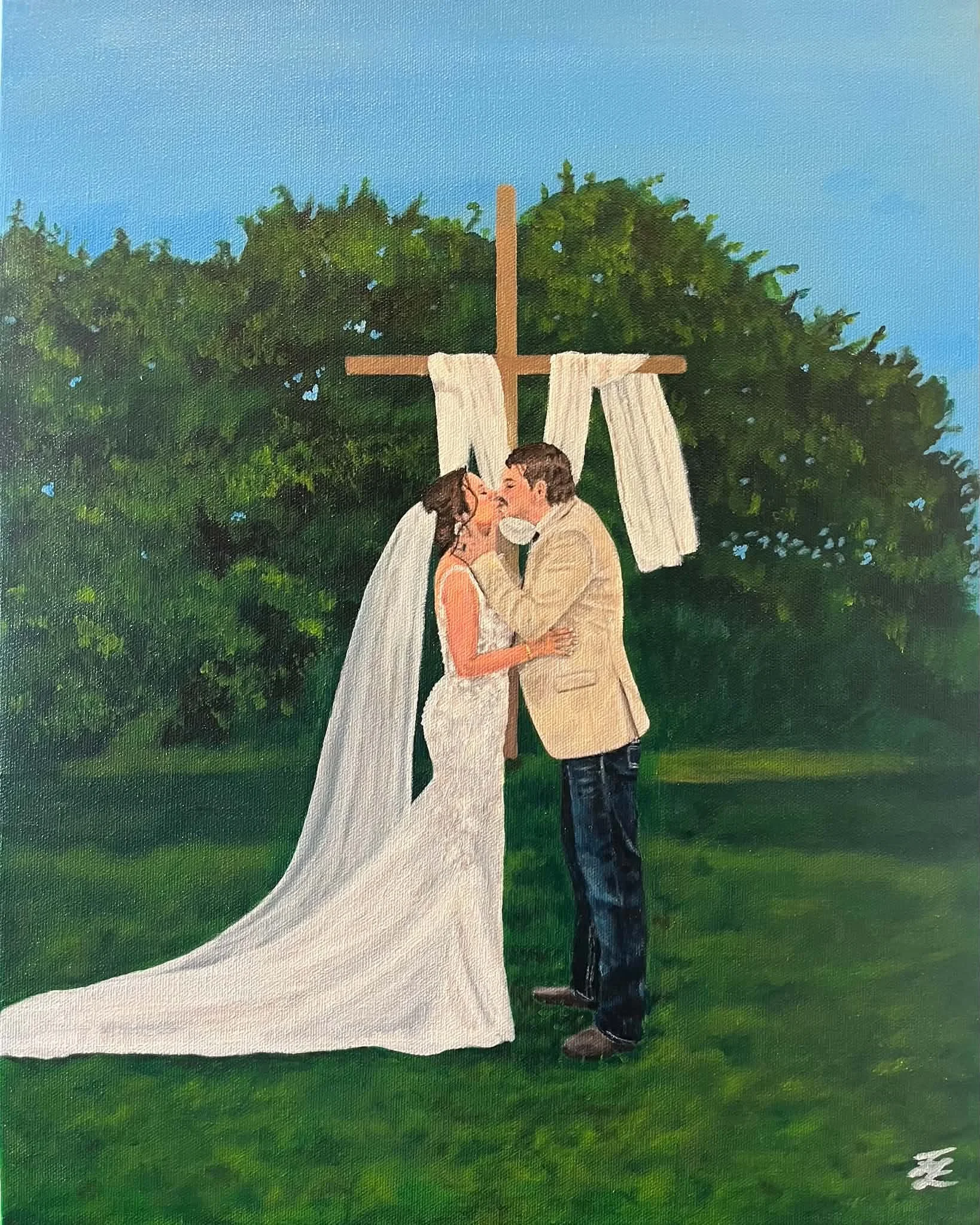 Painting of a couple in wedding attire, standing outdoors on a grassy area with a large green tree in the background. The bride is wearing a white wedding dress and veil, and the groom is dressed in a beige suit. They are leaning in for a kiss beneat
