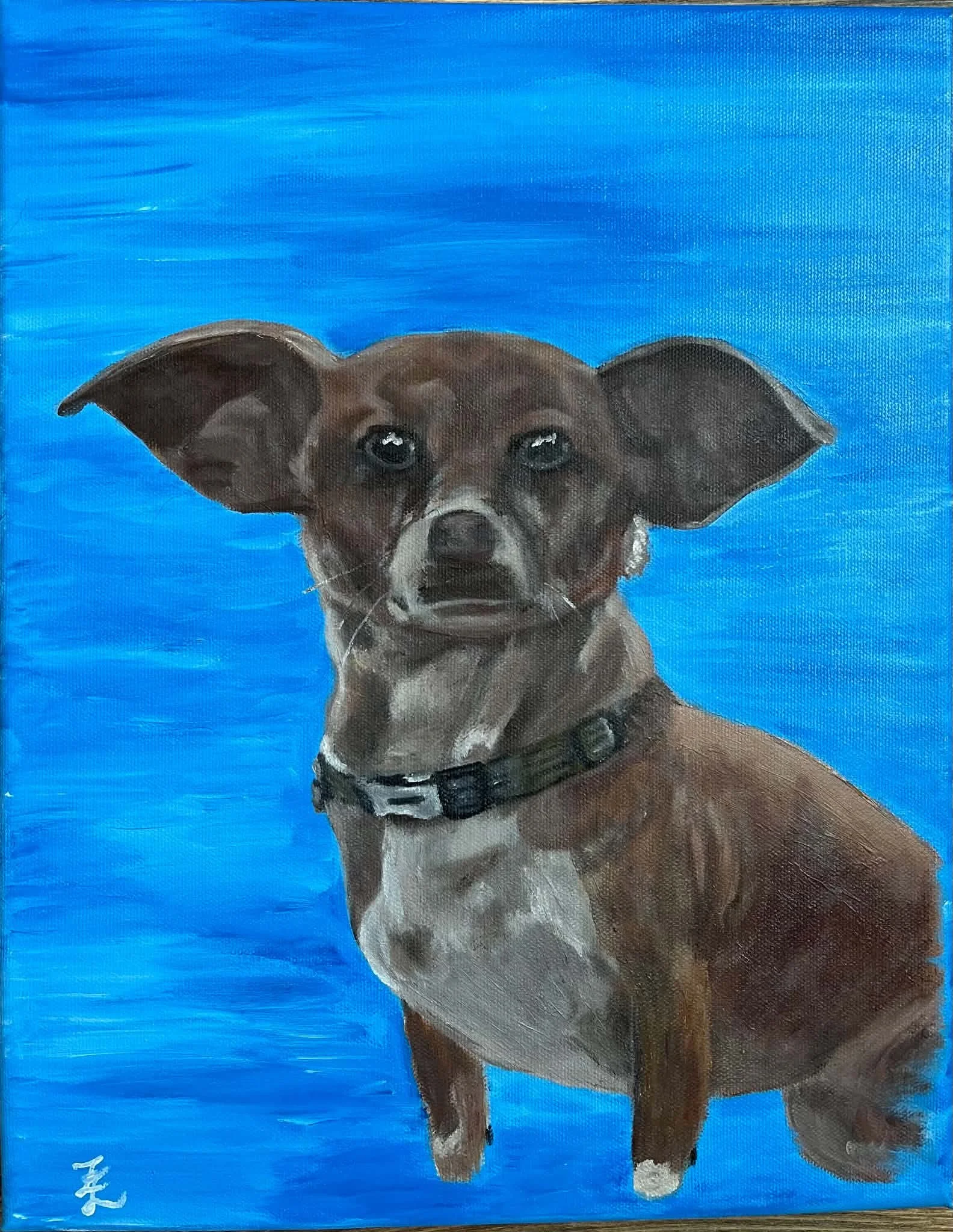 Painting of a small brown dog with large ears and white markings on the face and chest, sitting against a blue background.