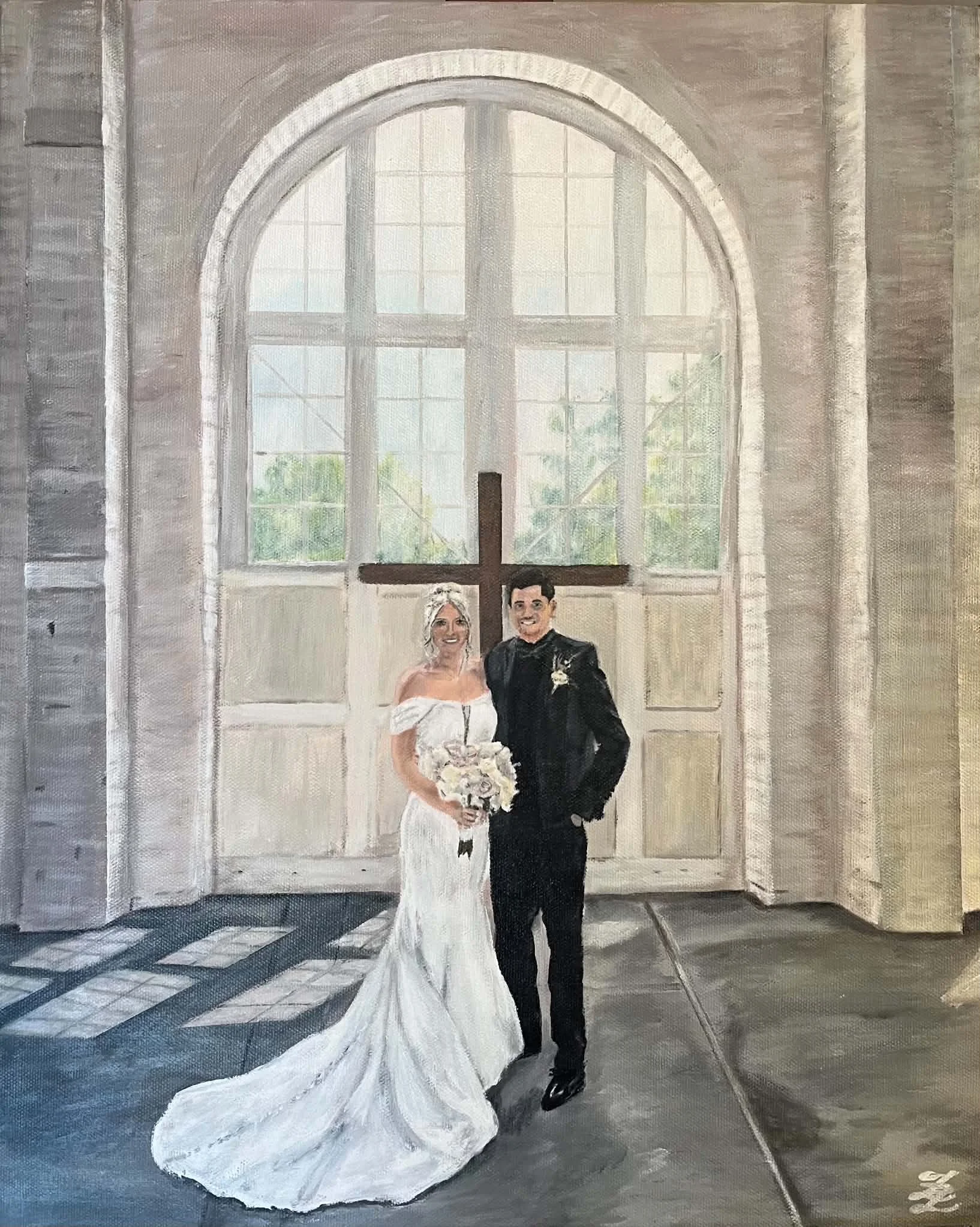 A painting of a wedding couple standing in front of a large arched window with sunlight streaming through. The bride is wearing an off-shoulder white wedding dress and holding a bouquet, and the groom is dressed in a black tuxedo with a boutonniere. 