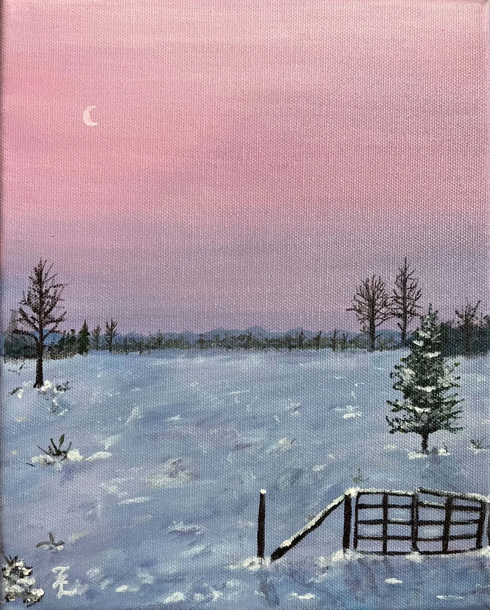 A winter landscape painting showing a snow-covered field with scattered trees, a fence in the foreground, and a pink and purple sky with a thin crescent moon.