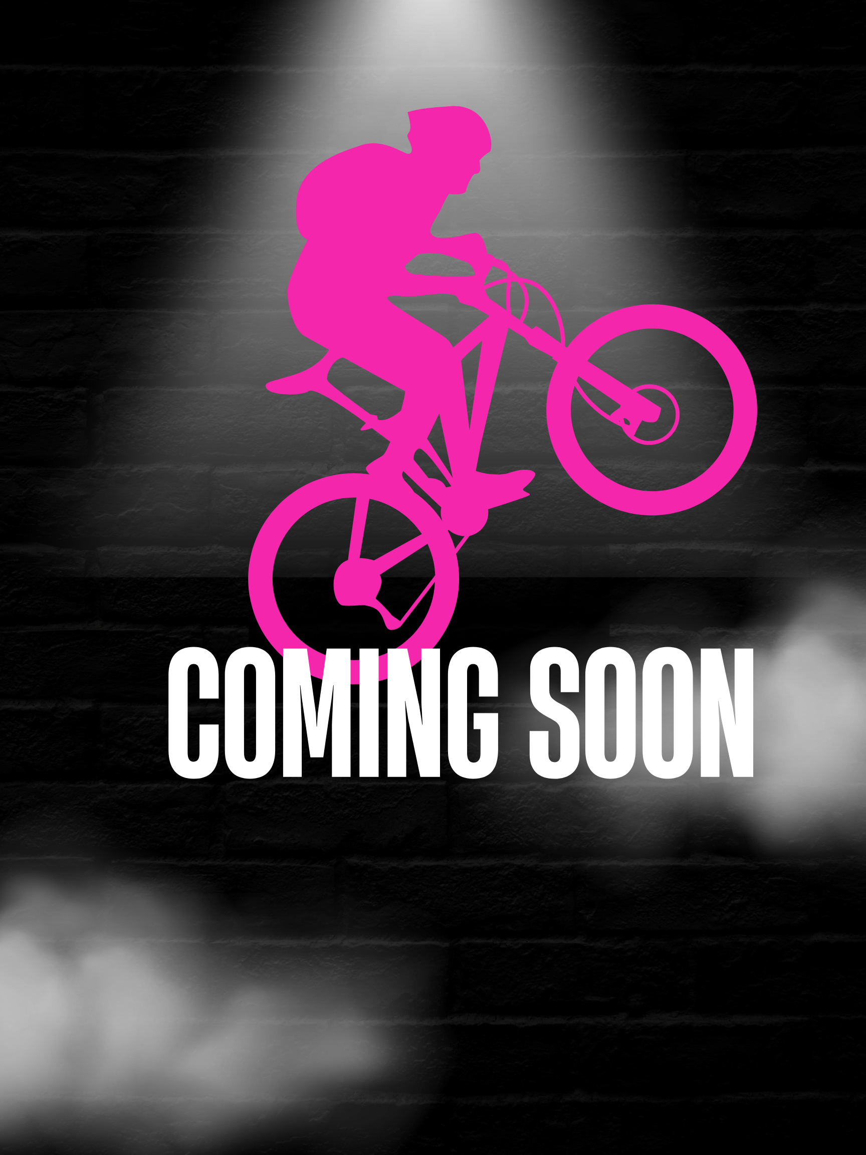 Pink silhouette of a person riding a bicycle with the words "Coming Soon" in white below.