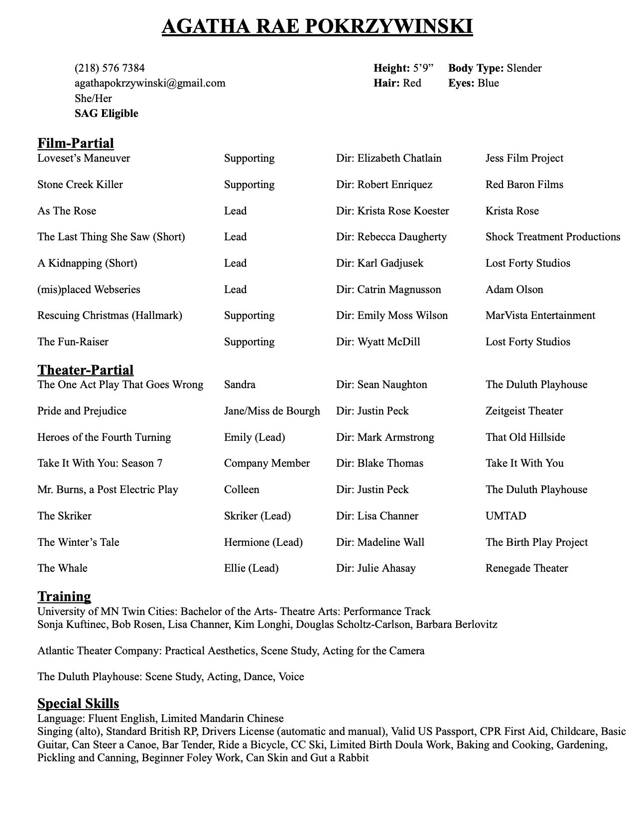 A resume for Agatha Rae Pokrzywinski listing contact information, physical description, and details of film, theater, training, and special skills.