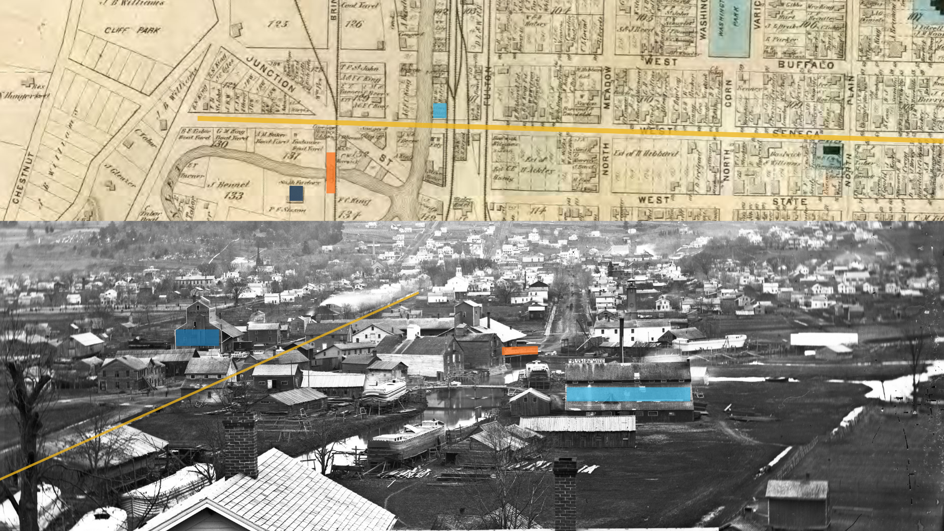 A graphic displaying an 1872 map of Ithaca and a photo of the mapped area.