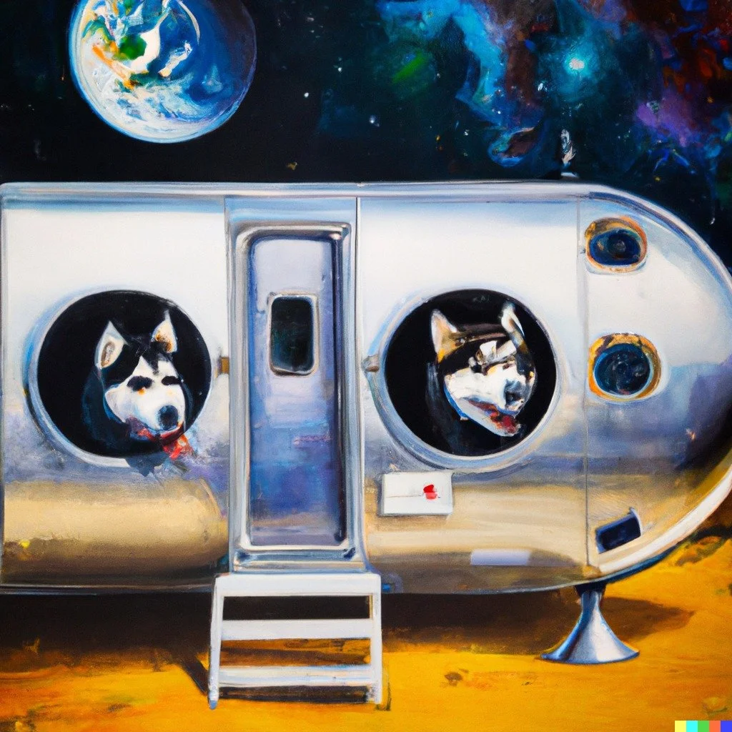 Zwei Huskys schauen aus runden Fenstern eines silbernen Raumschiffs im Weltraum, mit einem Blick auf die Erde im Hintergrund.