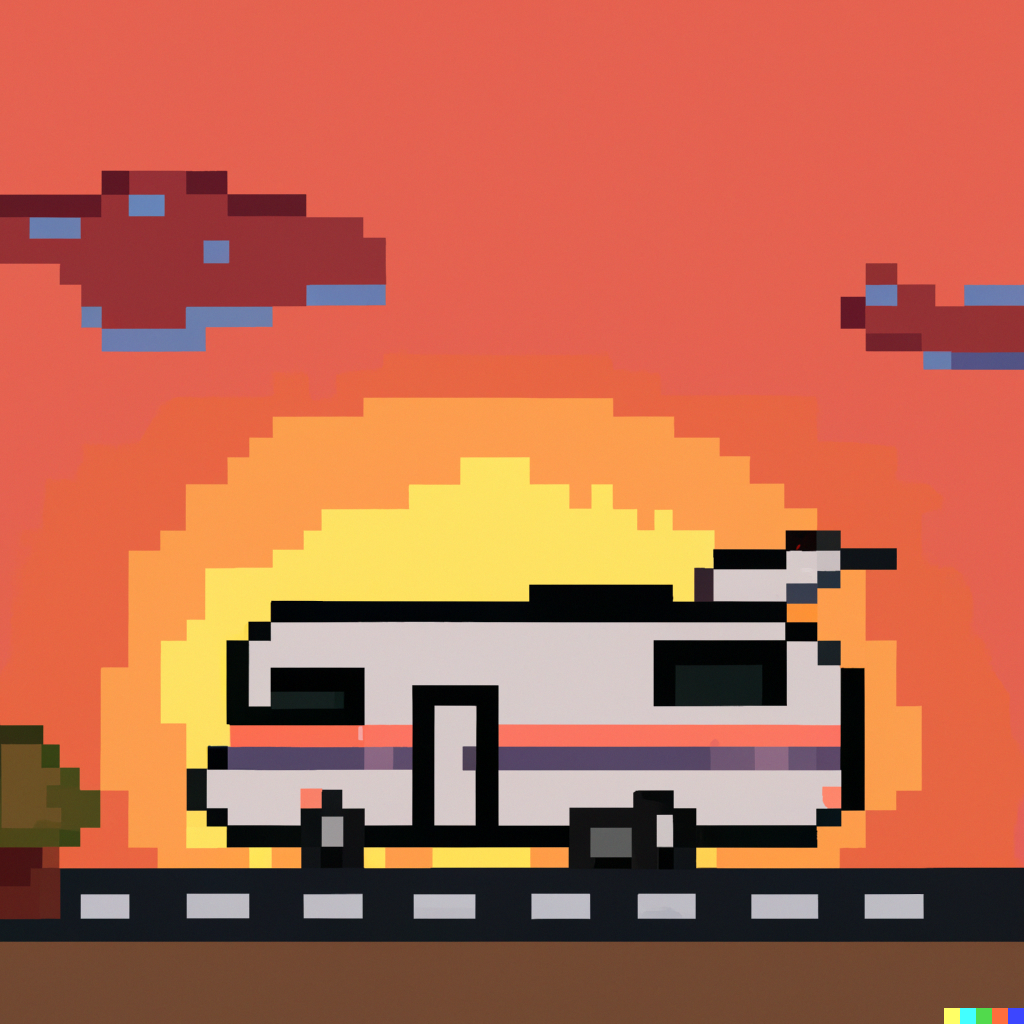 Pixel-Art eines Wohnmobils auf einer Straße vor einem Sonnenuntergang, roter Himmel.
