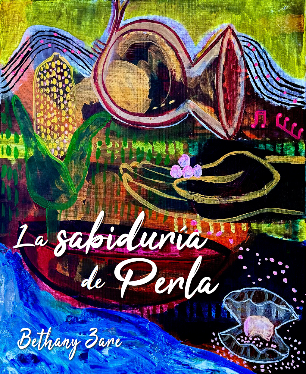 Un corno con música y una mano con perlas rosas, junto a un barco cerca del océano, con una concha de almeja y un tallo de maíz.