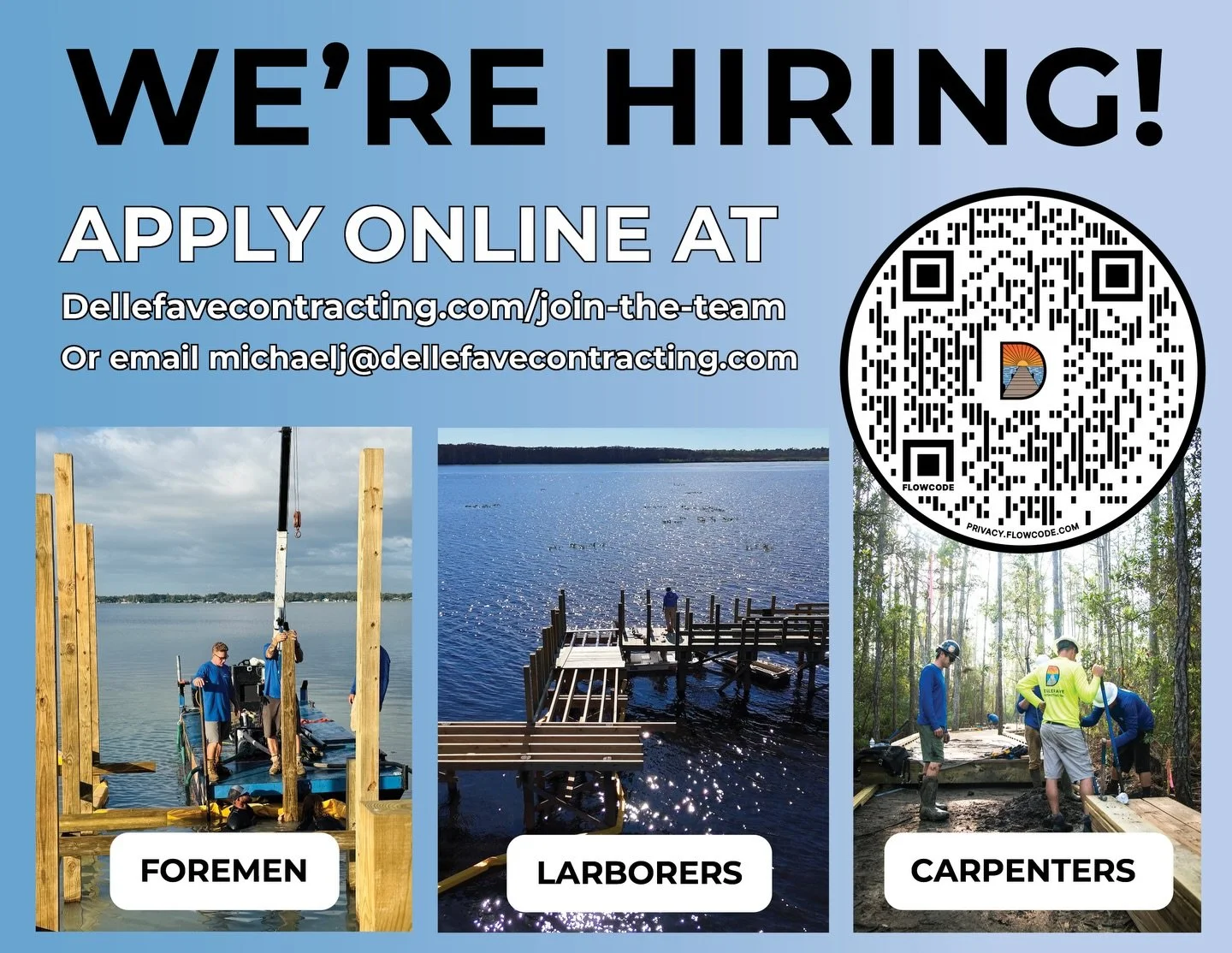 🚧 We&rsquo;re Hiring at Dellefave Contracting 🌊🔨

We&rsquo;re growing and looking to add solid people to our crew. If you take pride in your work and want to build some of the best docks and seawalls in Central Florida, we want to hear from you.

