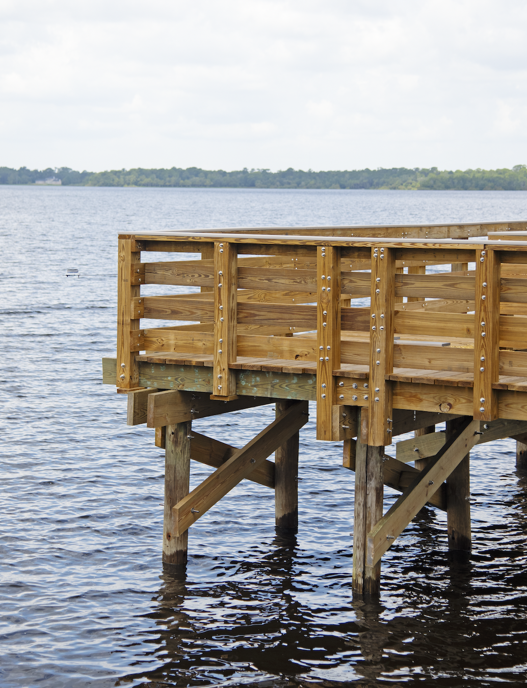 Wooden pier extending over a body of water with a distant tree-lined shoreline and partly cloudy sky.