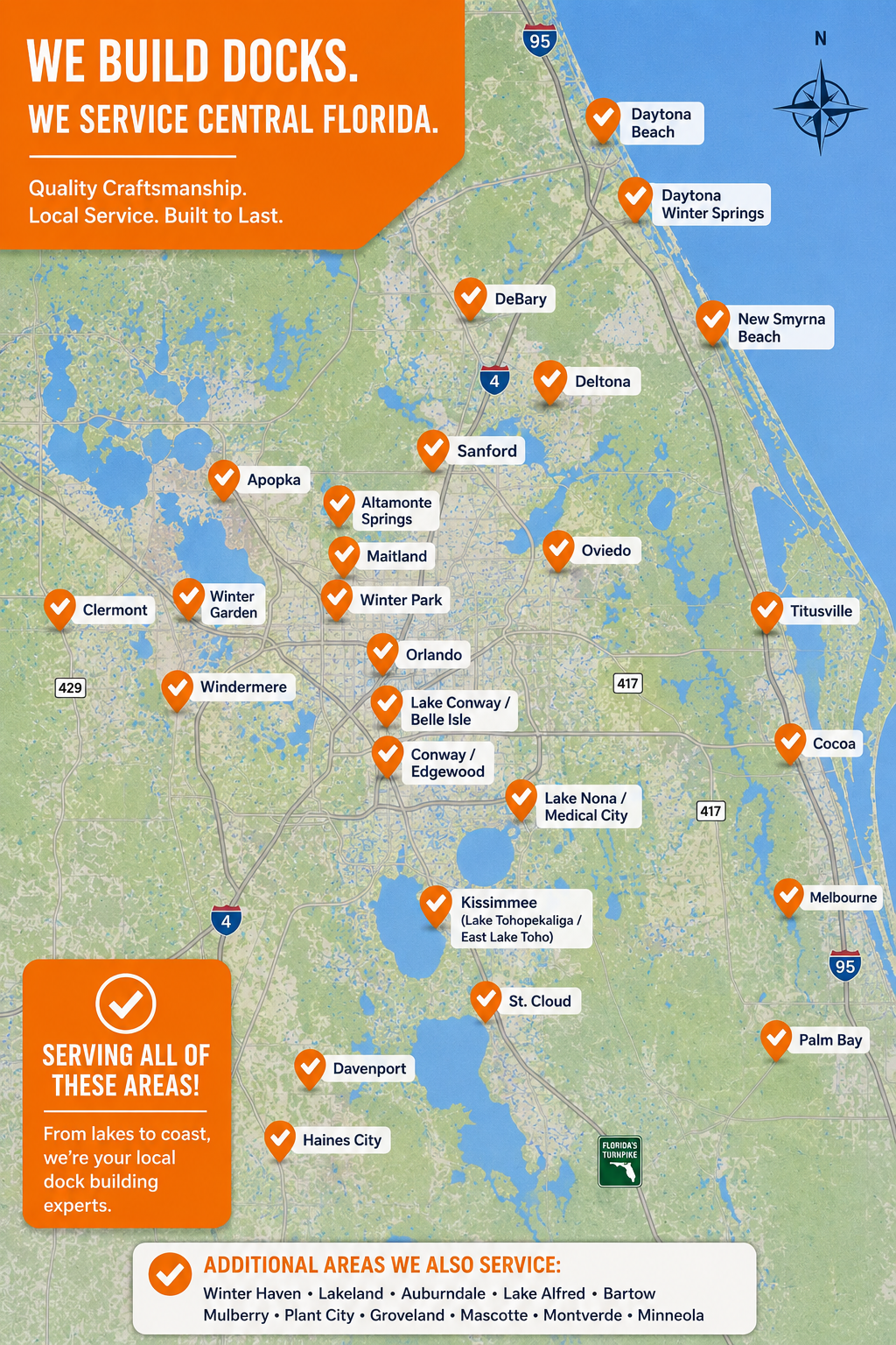 Dock builder in Daytona Beach dock builder, Daytona Winter Springs dock, New Smyrna Beach, Titusville, Cocoa, Melbourne, Palm Bay, St. Cloud dock builder, Kissimmee docks, Davenport, Haines City, dock builder near me.