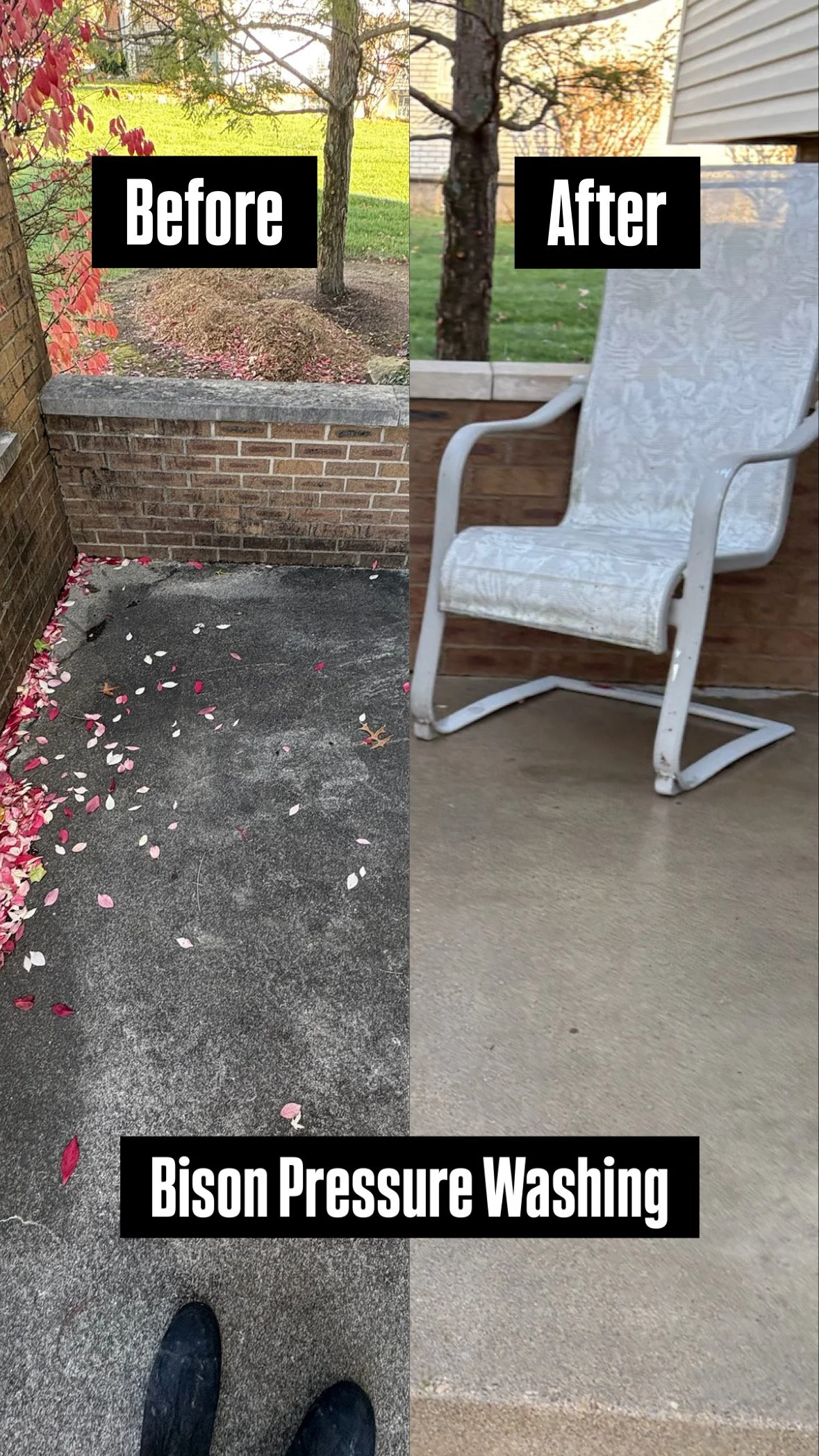 Side-by-side comparison of a porch floor before and after cleaning. The left side shows a dirty, dark, stained concrete surface with scattered pink and white flower petals. The right side shows the same porch floor after pressure washing, appearing much cleaner and brighter. The background includes a brick wall, grass, trees, and a wooden railing, with a white porch chair on the right side.