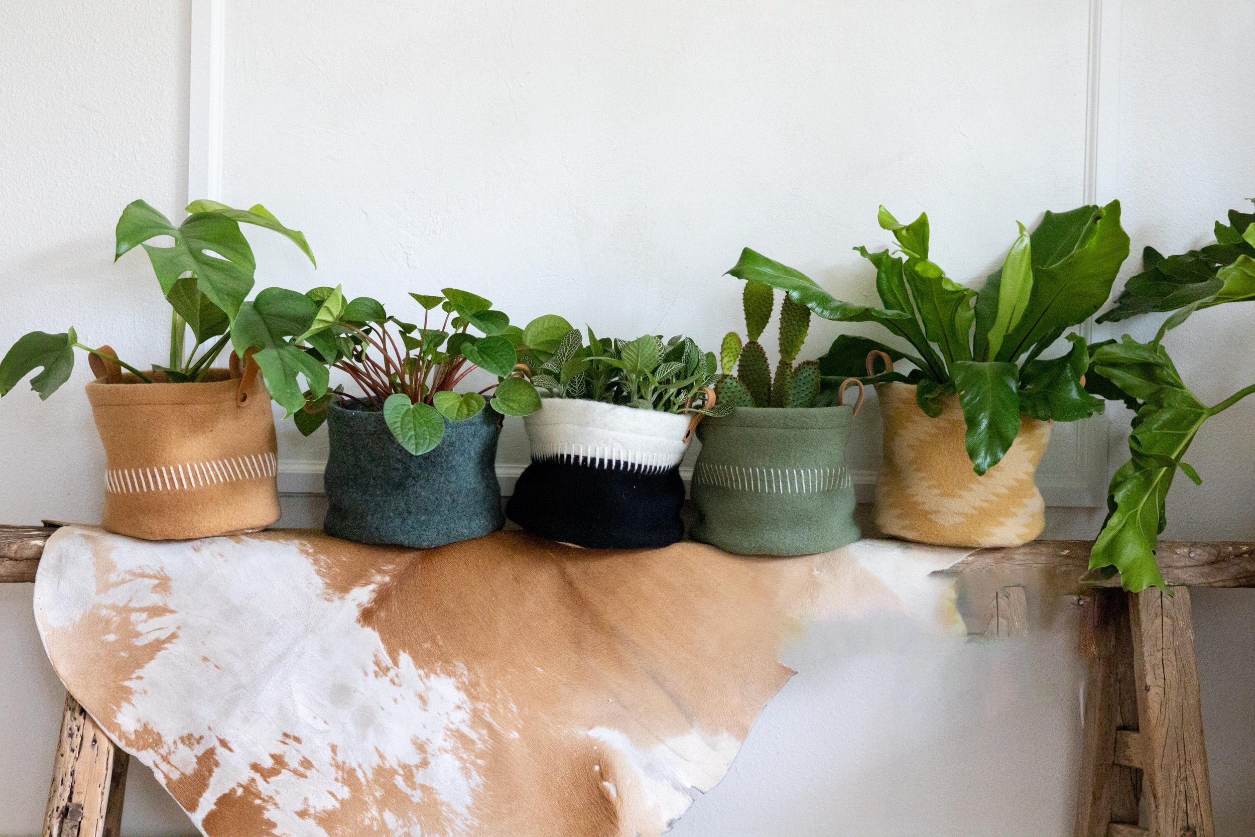 Wool Plant Basket – Handmade Nursery Pot Cover with Leather Handles