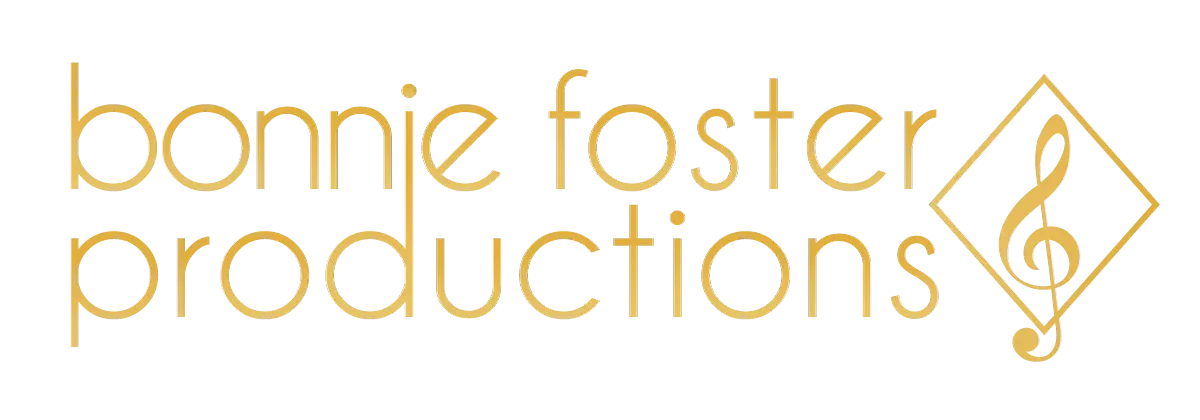 Logo for Bonnie Foster Productions with stylized gold text and a musical note inside a diamond shape.