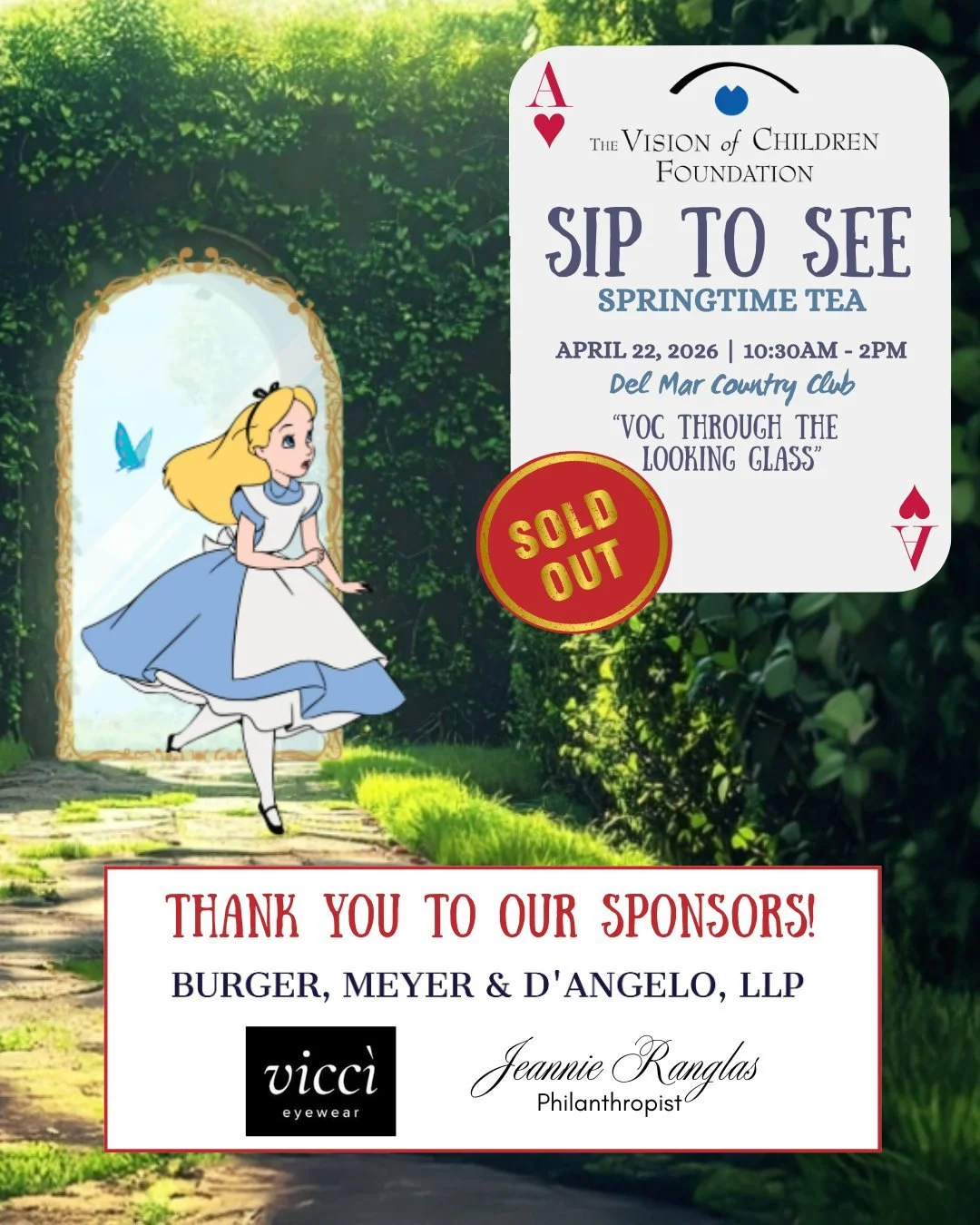 The Sip to See Springtime Tea on April 22 at Del Mar Country Club is officially SOLD OUT! A heartfelt thank you to Madeleine Pickens and @delmarcountryclub for opening this beautiful and special venue to Vision of Children.
Thank you to our Presentin