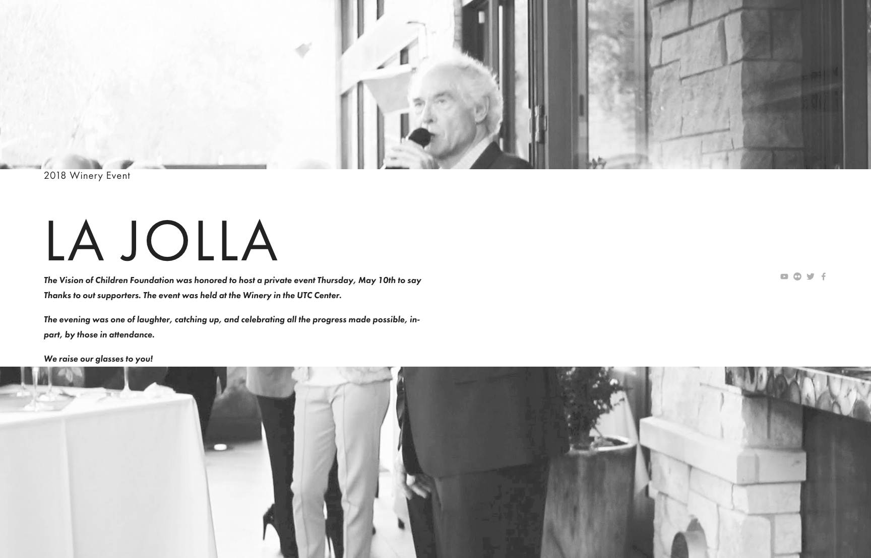 Black and white event image with a man speaking into a microphone. Text overlay reads "La Jolla" promoting a 2018 winery event by the Vision of Children Foundation, held at the Winery in the UTC Center, appreciating supporters.