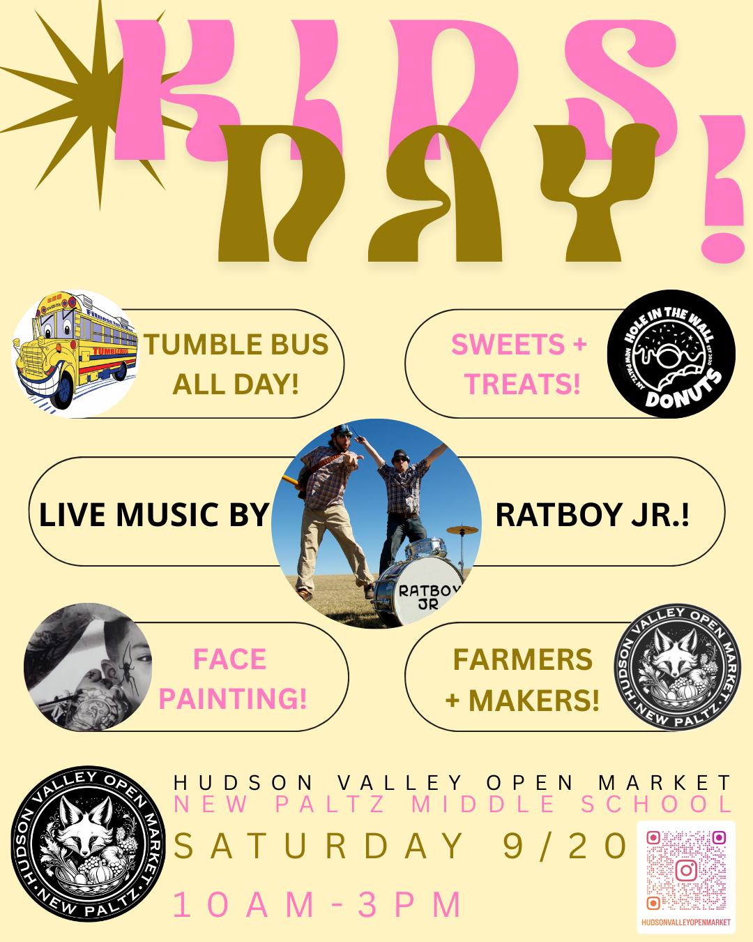A colorful flyer for the Hudson Valley Open Market on September 20th from 10 AM to 3 PM, featuring activities like a tumbler bus all day, sweets and treats, face painting, live music by Ratboy Jr., and vendors including farmers and makers, with images of a school bus, musicians, face painting, and market logos.