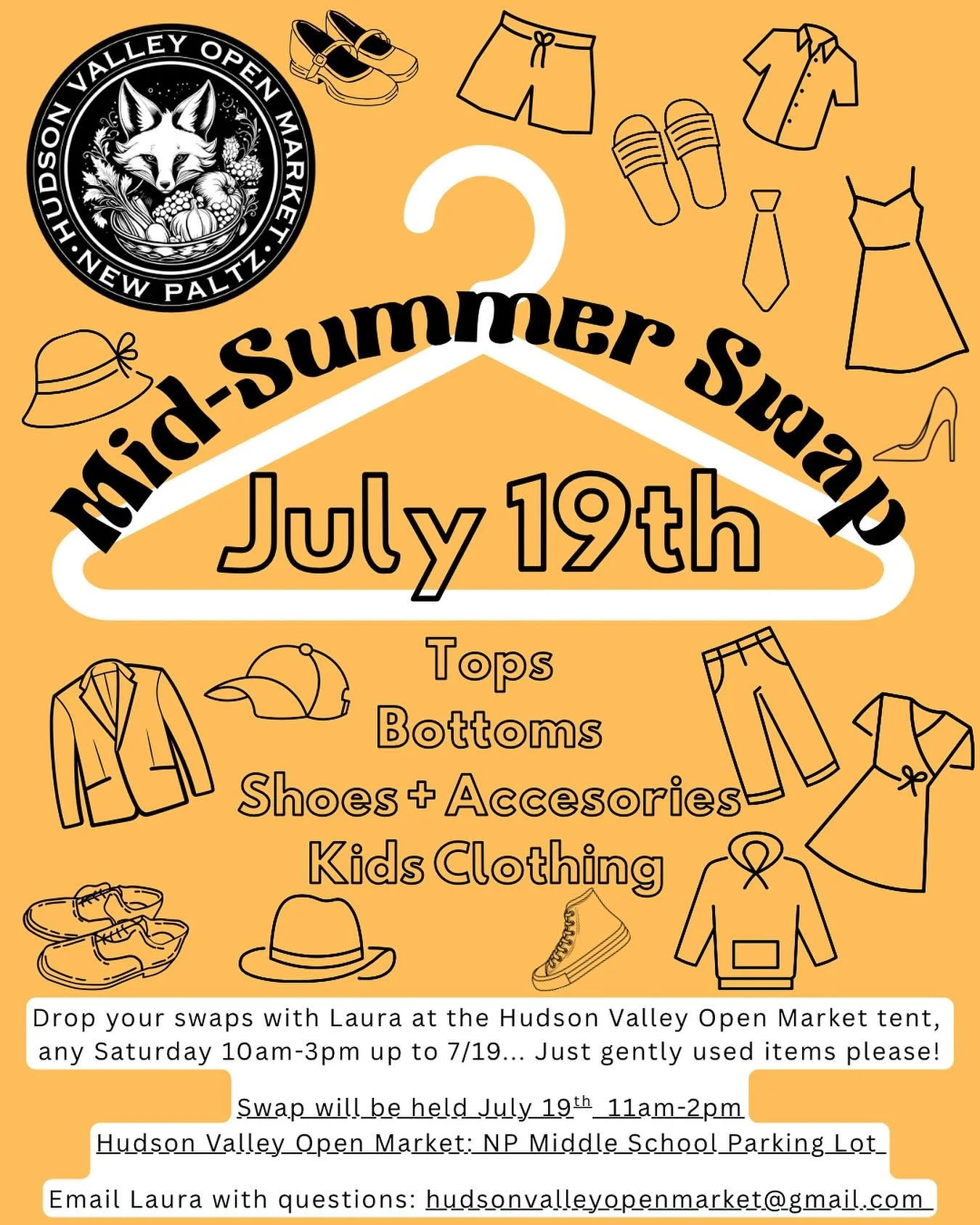 ⭐️Heyyy now! We&rsquo;re having a #midsummerswap next month! Everyone drop your gently used unwanted clothing to the market, and get a ticket to ride the swap on July 19th!
⭐️DEETS:
Find me (Laura) at the market tent on 6/28 + 7/5 + 7/12 and drop you