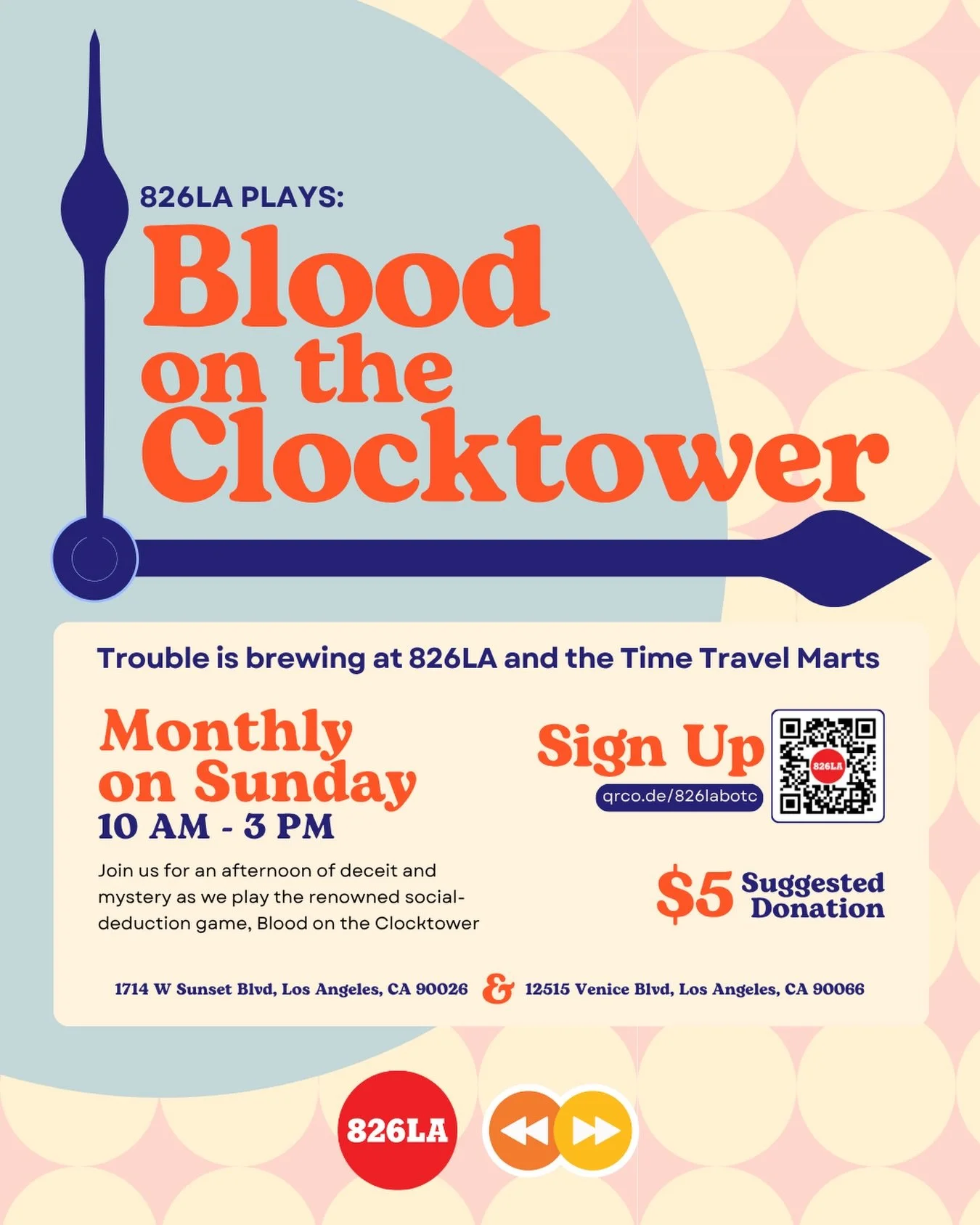 Trouble is Brewing at 826LA and the Time Travel Marts! On the first Sunday of each month, join us for an afternoon of deceit and mystery as we play the renowned social deduction game, Blood on the Clocktower. 

The first game will be Sunday, June 7, 