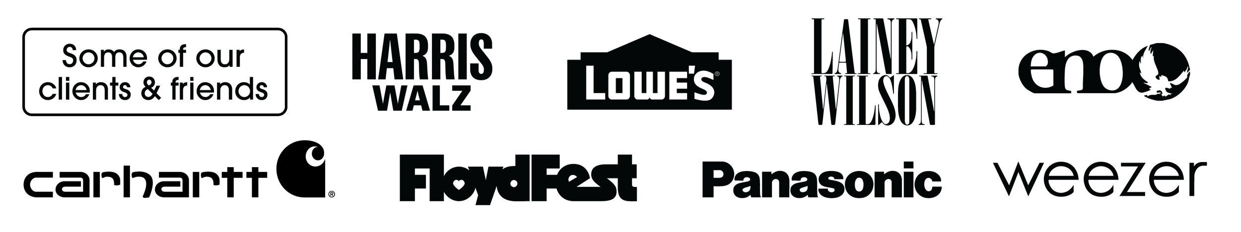 A collage of black and white logos of various brands and companies, including Harris Wlz, Lowe's, Lainey Wilson, GXO, Lowes, FleaFesT, Panasonic, Weezer, and some partially visible logos.