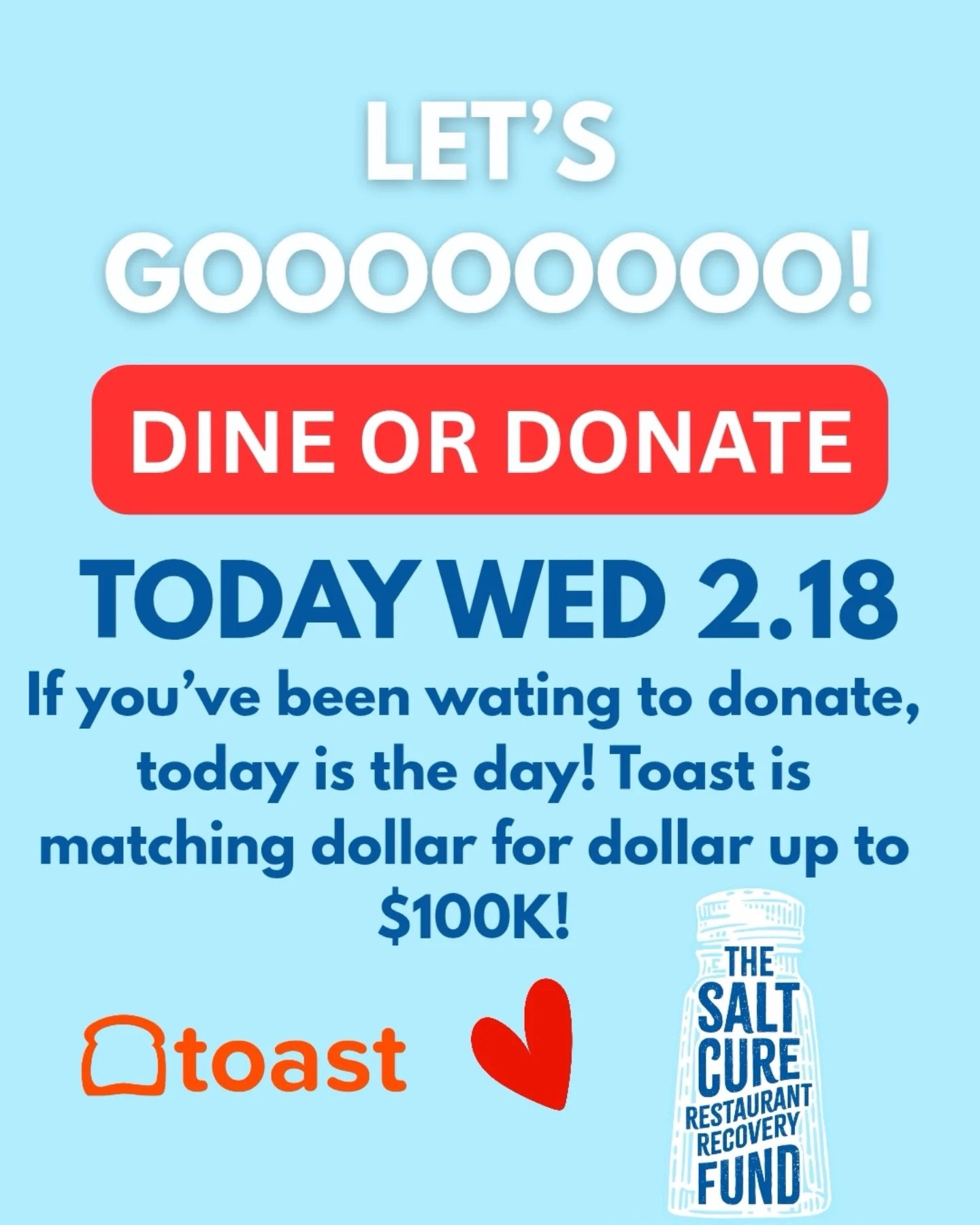 🙌 @thesaltcurefund 🔥🧂 LFG🧂🔥

TODAY is the day for some fellowship, ammirite?!?

If you DONATE today your dollar stretches twice as far because @toasttab will match it, up to $100k! We are so utterly grateful that a national partner showed up for