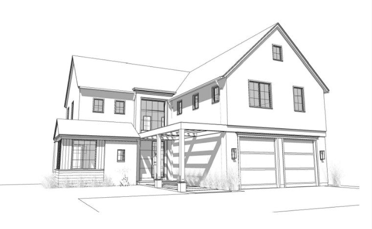 Black and white line drawing of a large residential house with multiple gables, a front porch, and attached garage.