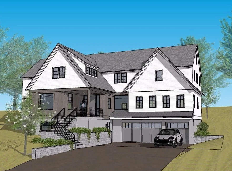 Architectural blueprint of a two-story house, showing front, north, east elevations with detailed notes on construction materials, roof, windows, and chimney.