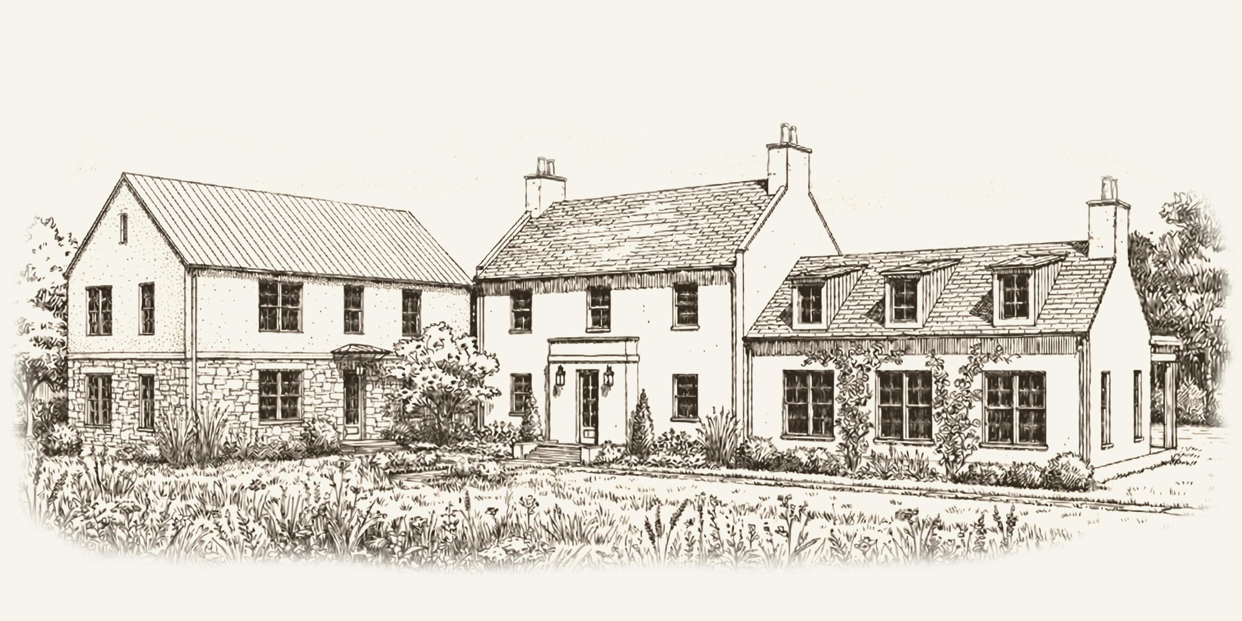 A sketch of three houses with different architectural styles, surrounded by trees and a yard with plants and grass.