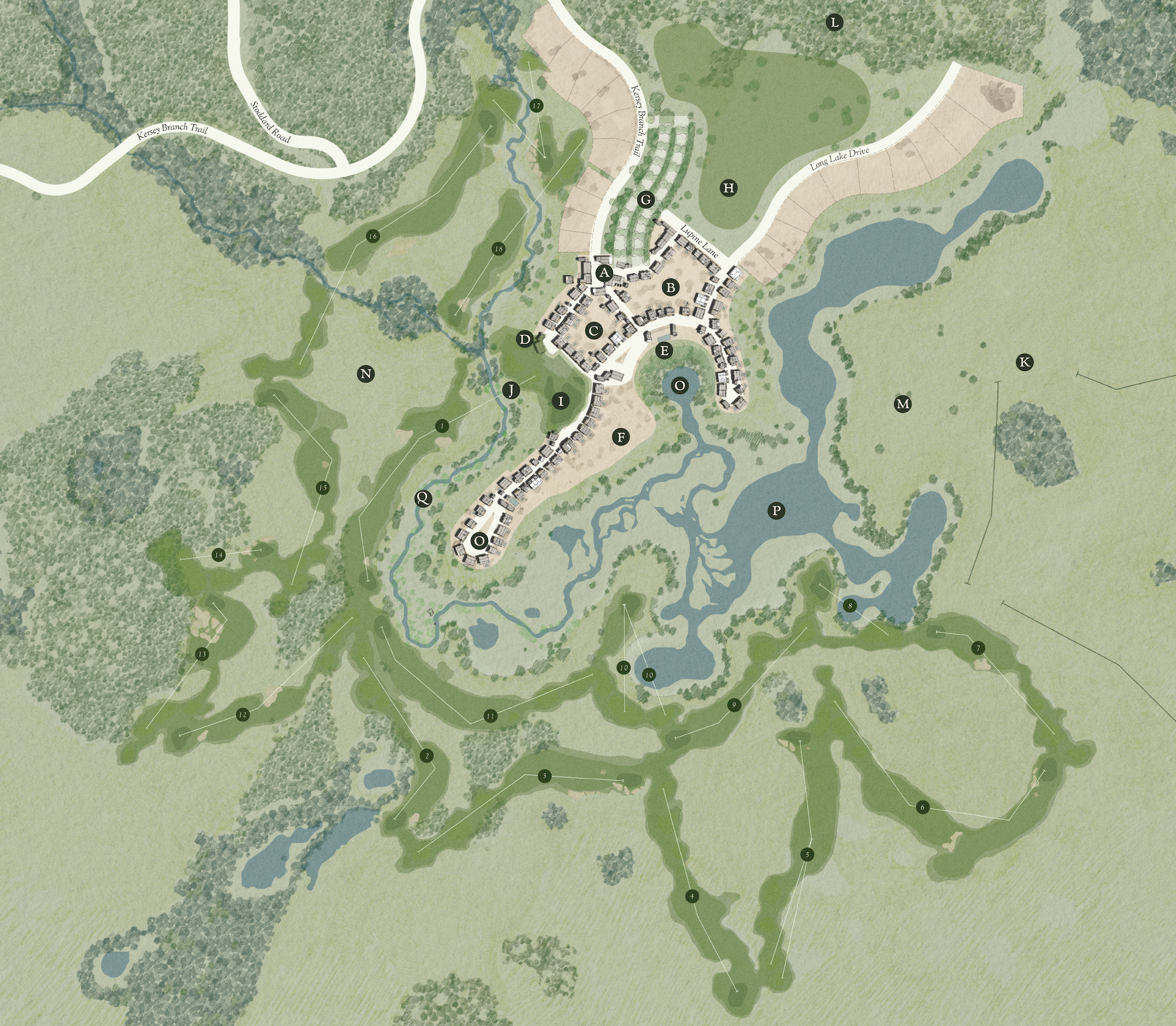 A detailed illustrated map of Old Shores with labeled areas, roads, water features, and trails surrounded by greenery and trees.