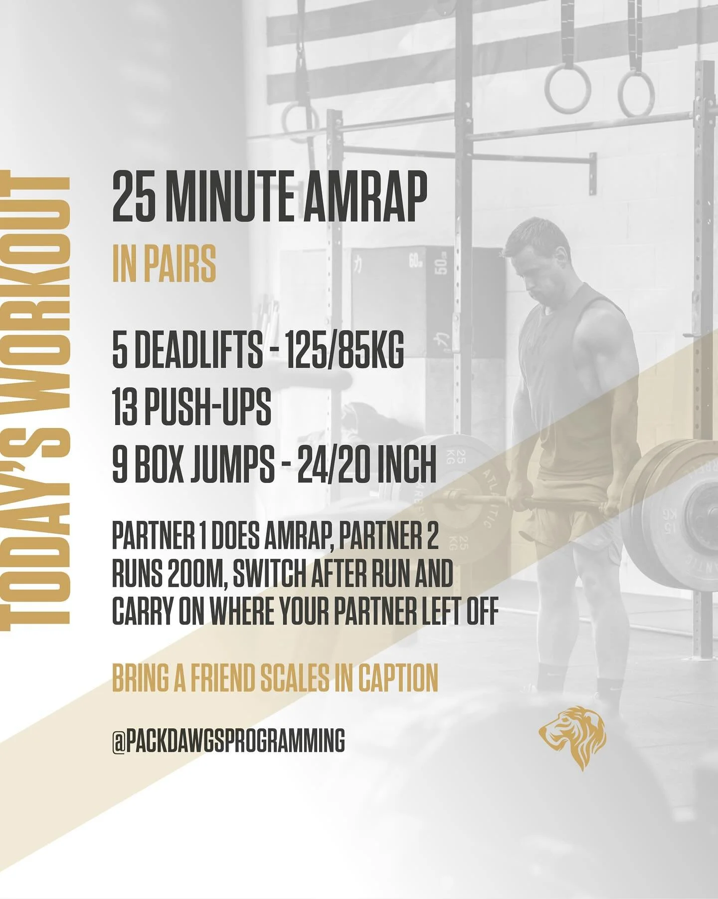 25 min AMRAP

In Pairs

5 deadlifts 125/85kg
13 push ups
9 box jumps 24/20 inch

Partner 1 does AMRAP, partner 2 runs 200m, switch after run and carry on where your partner left off.

Bring a friend scaling options;

-weight on deadlift
-push ups on 