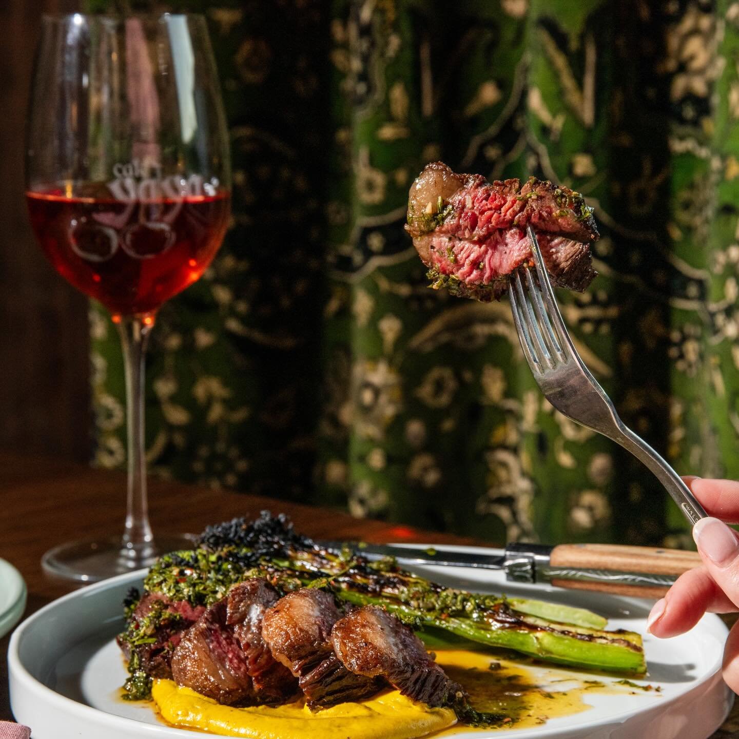 wagyu sirloin... you know you want a bite.

grilled over coals with za&rsquo;atar chimichurri, served alongside grilled broccolini and turmeric tehina.