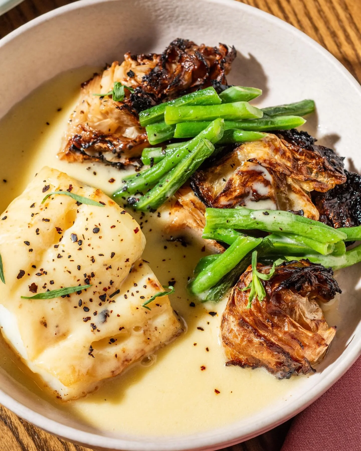 we&rsquo;ll handle the cookin&rsquo; tonight.

roasted cod with beurre blanc, charred cabbage, green beans + pepper.
