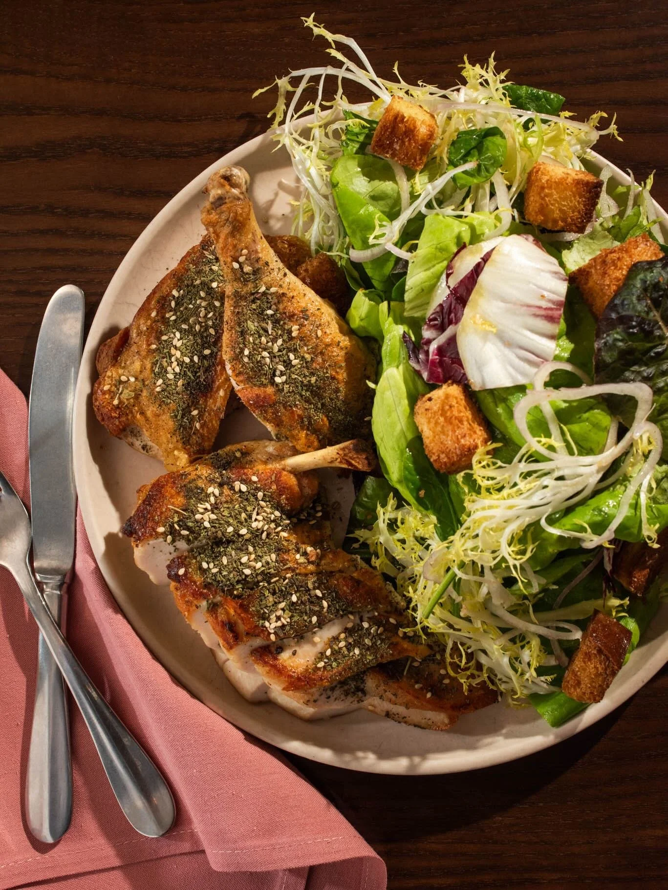 the roasted half chicken: a bistro classic

w/ za&rsquo;atar, challah croutons, schmalz vinaigrette + salade verte.