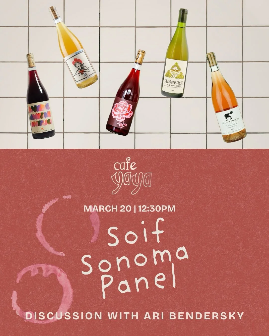 SOIF Sonoma is coming to @cafeyaya_chi. 🍷

All are welcome on Friday, March 20 at 12:30 PM for a tasting featuring @catchandreleasewines, @deuxpunx, @oldworldwinery, @unturnedstonewine, &amp; @twoshepherdswine, plus a winemaker panel hosted by @arib