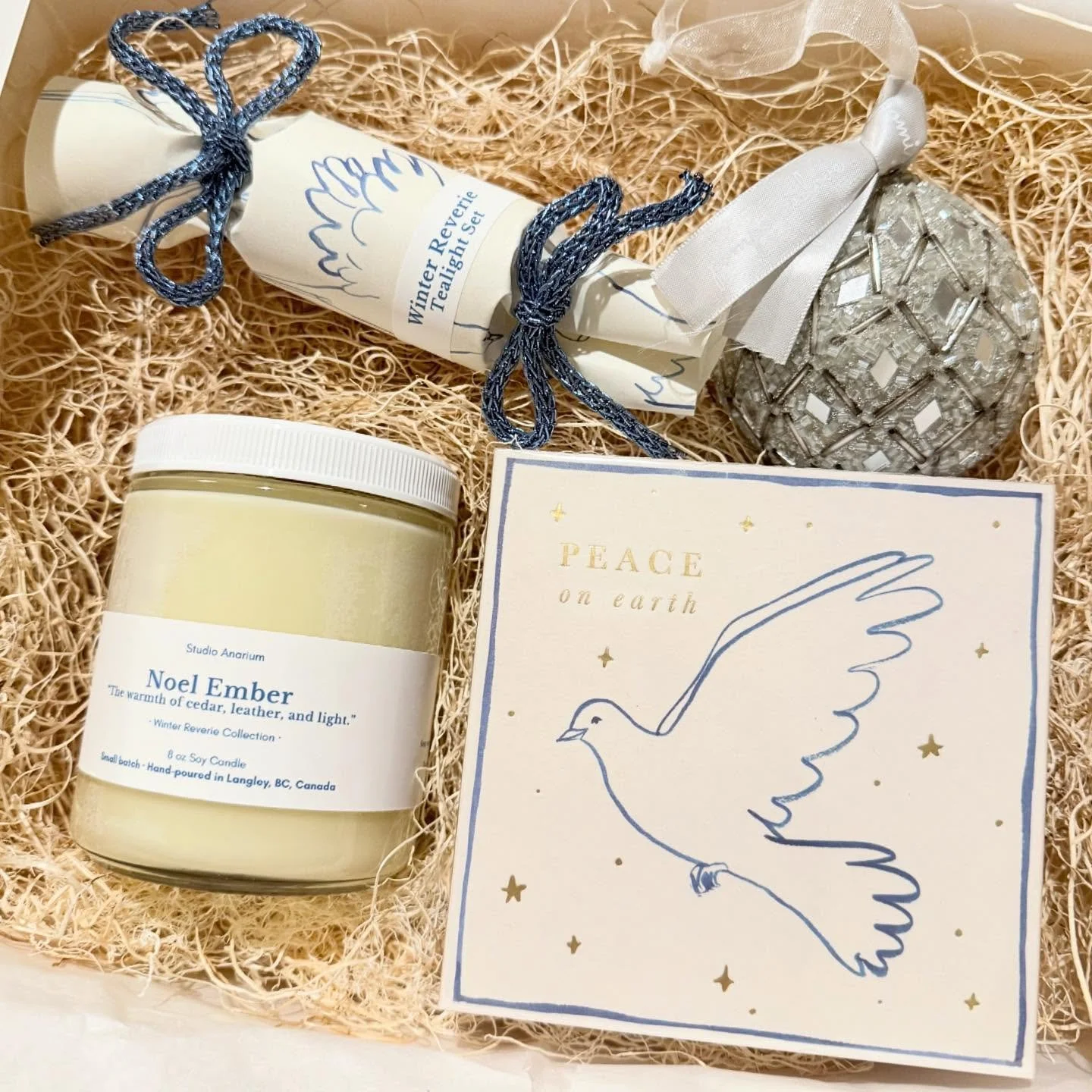 Noel Ember Candle + Peach on Earth Safety Matchbox + 3 other scents of winter collection tea lights +Christmas Ornament 

DM to order or Etsy , www.studioanarium.com