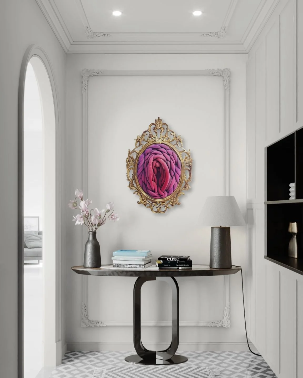Classic hallway with a modern console table.jpeg