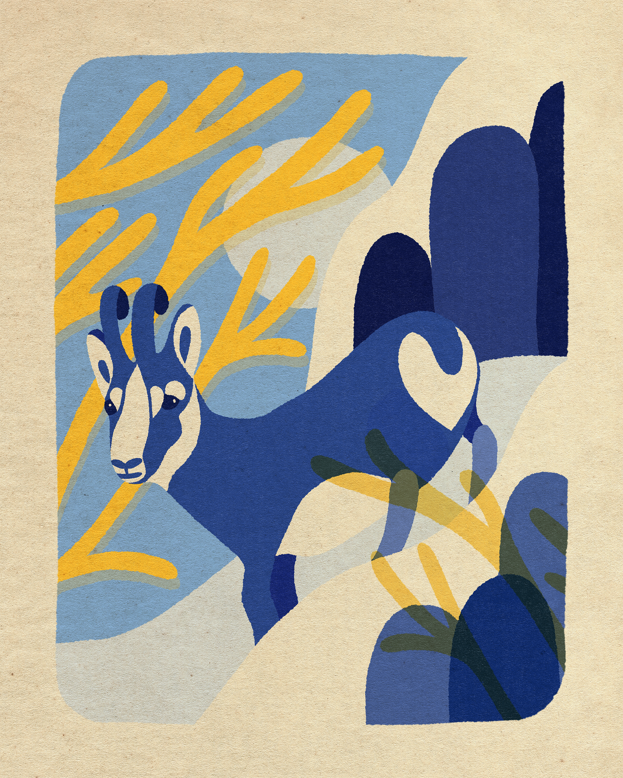 Abstract illustration of a goat with large curved horns, set against a background of stylized yellow and blue foliage and landscape elements.