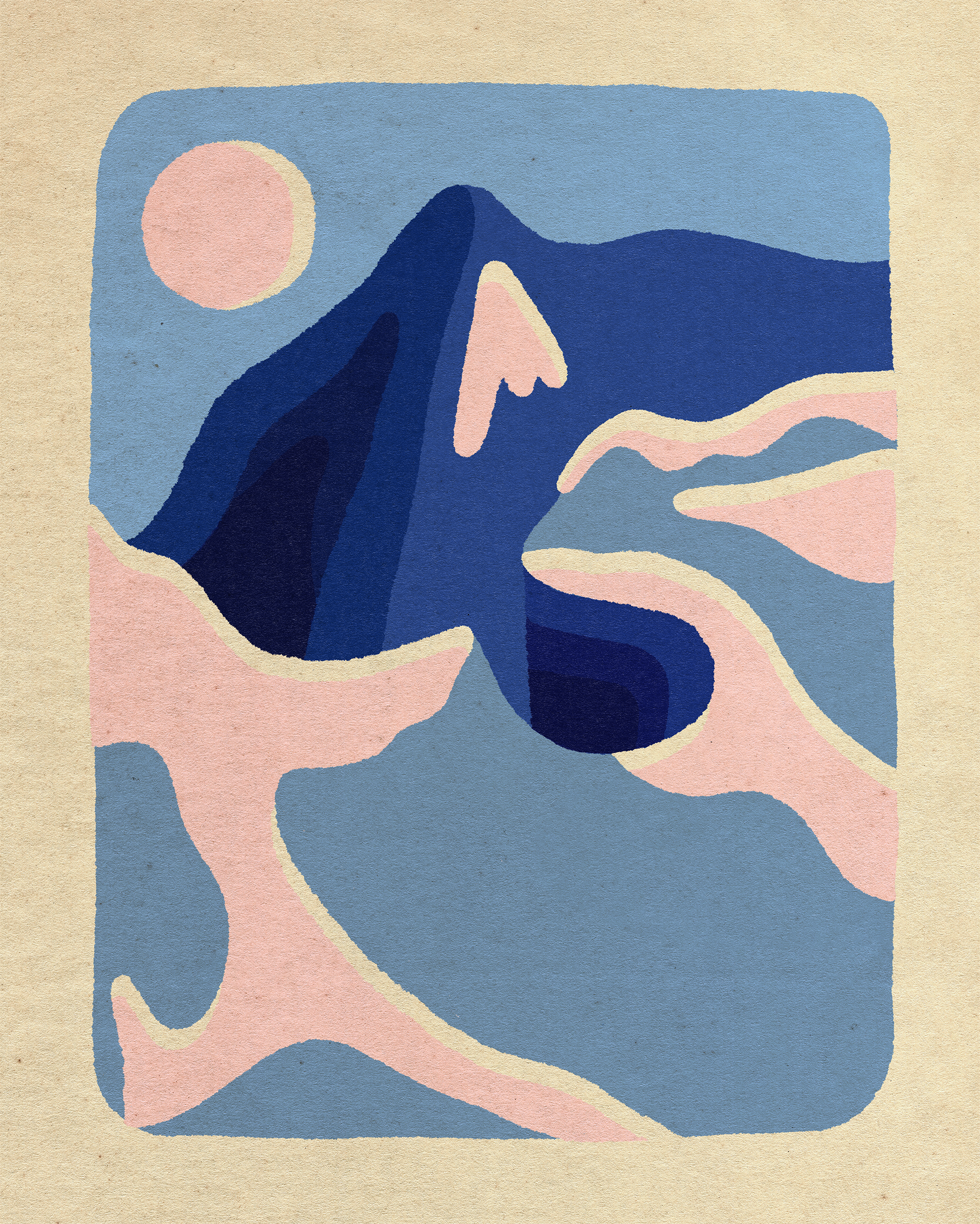 An abstract illustration of a mountain with a pink sun in the sky, using shades of blue, pink, and cream.